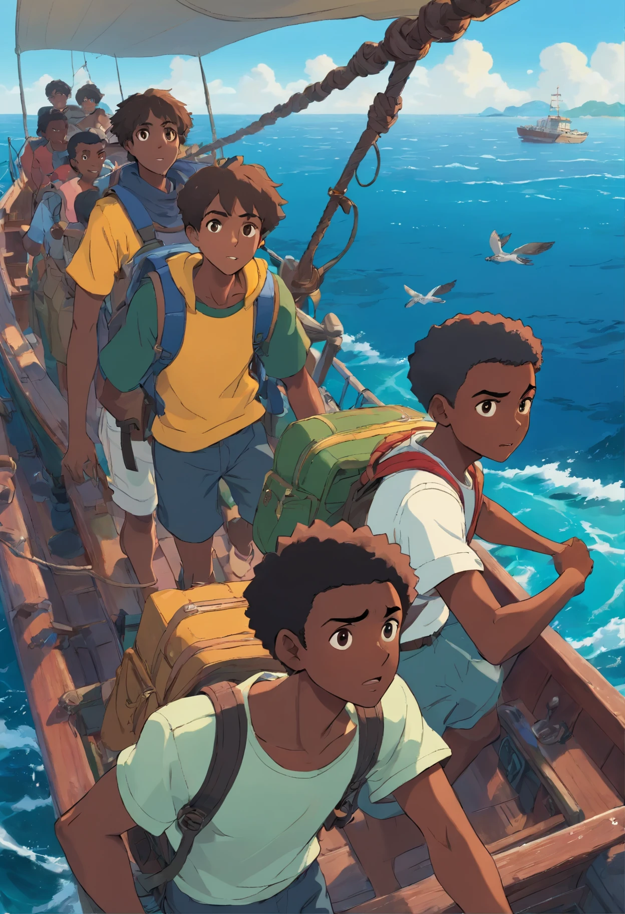 3 lean young african men with dark skin tone short hair shave. with backpacks and on a  robber boat in the ocean with other african migrants, the sea is rough and water in entering the boat , 4k, 8K, (best quality, masterpiece) ultra wide