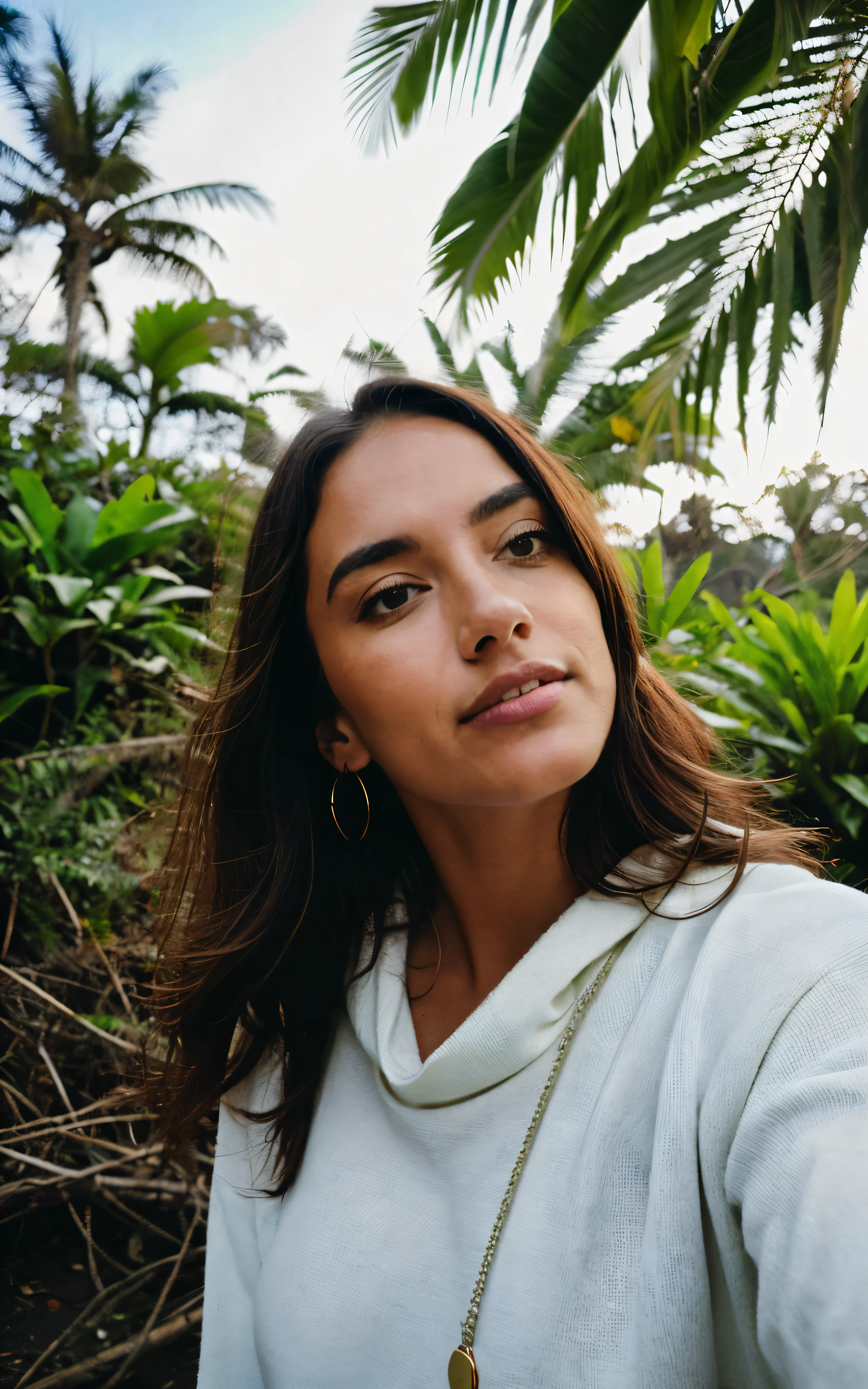 fotorrealista, melhor qualidade, hiper detalhado, linda mulher, foto selfie, tronco, Sozinho, wearing pullover, ao ar livre, (noite), montanhas, natureza da vida real, estrelas, Lua, (alegre, feliz), saco de dormir, luvas, sweater, gorro, lanterna, floresta, pedras, rio, madeira, smoke, Mist, clear sky, analog style, olhando para o espectador, textura da pele, Film grain, fechar-se, ultra high resolution, melhor sombra, Cru, Instagram LUT