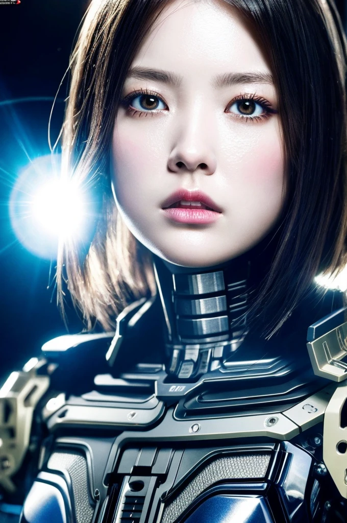 Complex 3D rendering of ultra-detailed porcelain girl, 1 girl, (natural skin texture, actual eye details:1.2), part, beautiful soft light, rim light, Vibrant details, Luxury Cyberpunk, hyperactual, anatomical, face muscles, Cable wire, microchip, elegant, beautiful background, octane rendering, apple style, 8k, best quality, masterpiece, illustration, extremely delicate and beautiful, CG, Unite, wallpaper, (actual, photo-actual:1.2), Astonishing, fine details, masterpiece, best quality, official art, extremely detailed CG Unite 8k wallpaper, Extremely ridiculous, sexy, Mechanical skeleton, Android, Surrealism, Doomsday wasteland, (high-tech prosthetics:1.2), Fluffy black short hair, Perfect body, Navy blue glowing cyber ship