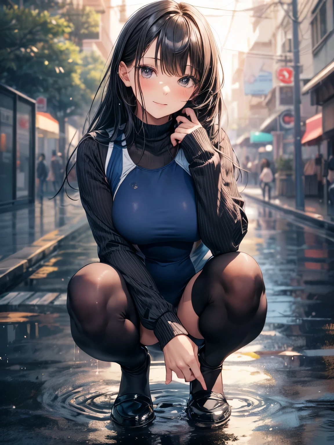 highest quality、complete limbs、full finger、black haired woman、medium hair woman、Beauty busty woman:1.3、(A woman wearing a navy blue one-piece long-sleeved school swimsuit:1.5)、(((woman wearing black tights:1.5)))、big smile、street tree、it's raining、(wet texture:1.3)、squatting down