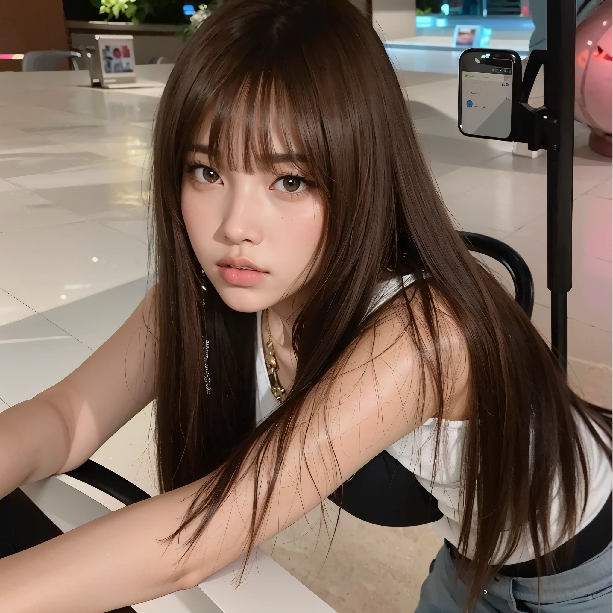 Arafed Woman sitting at a table with a laptop, Lalisa Manobal, brown long hair con flequillo, long hair con flequillo completo, long hair con flequillo, Lalisa Manoban de Blackpink, flequillo largo y recto, con flequillo, brown hair and bangs, neat hair con flequillo, brown hair con flequillo, flequillo largo, con flequillo completo