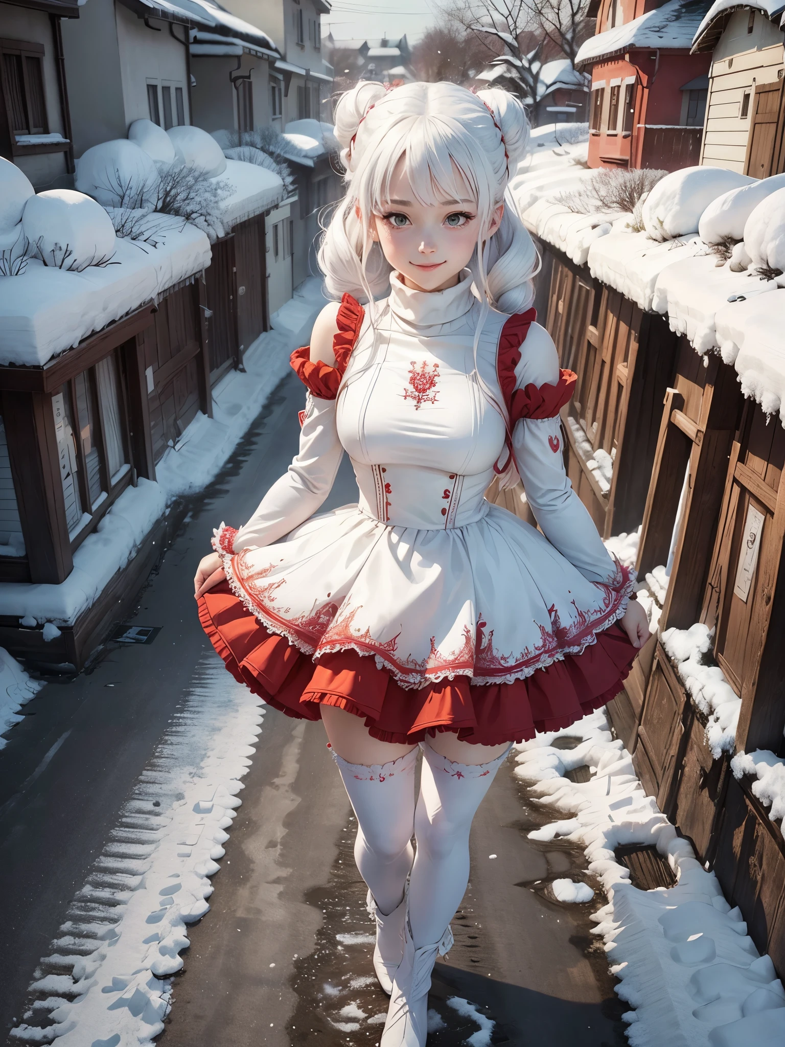 1 girl, young girl, white hairs, realistic anime girl, smiling, ((red frock, frilled skirt, arm sleeves, turtleneck, white stockings )), snow covered streets, snow fall, double hair buns,standing
