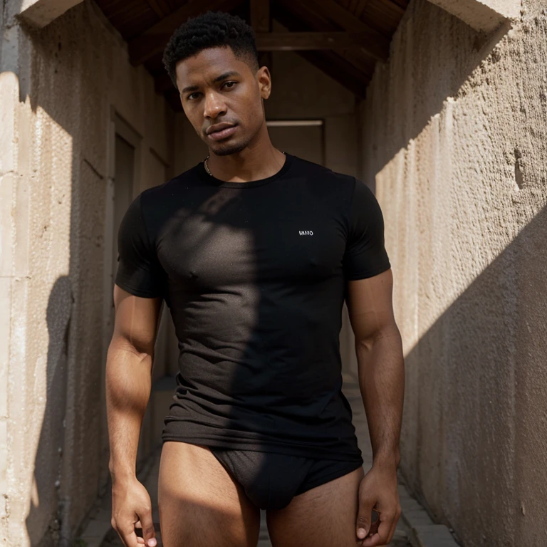 1 Personagen. Ultra realismo. Homem negro. Sem blusa com nada na perte de cima. Com tanquinho. Corpo todo. Com short