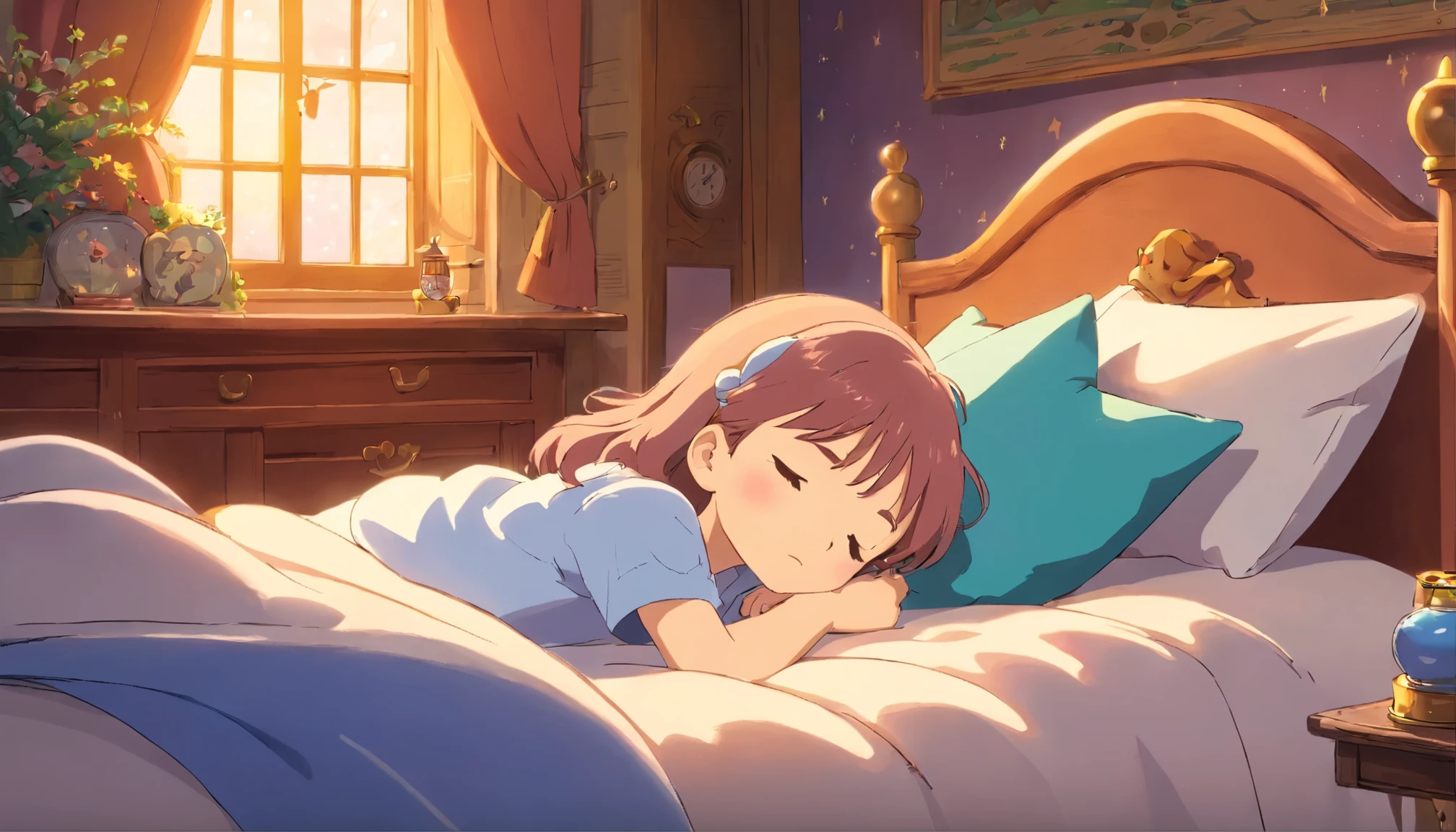 color photo of a little girl sleeping on a soft bed, princess bed, with a warm picture and a cartoon picture book. The scene is set against a star background, resembling a 2D illustration in the Disney style. The atmosphere evokes a sense of enchantment and nostalgia, reminiscent of Grimm's Fairy Tales. The photo is captured with a 4K resolution and an aspect ratio of 16:9. —c 10 —ar 2:3