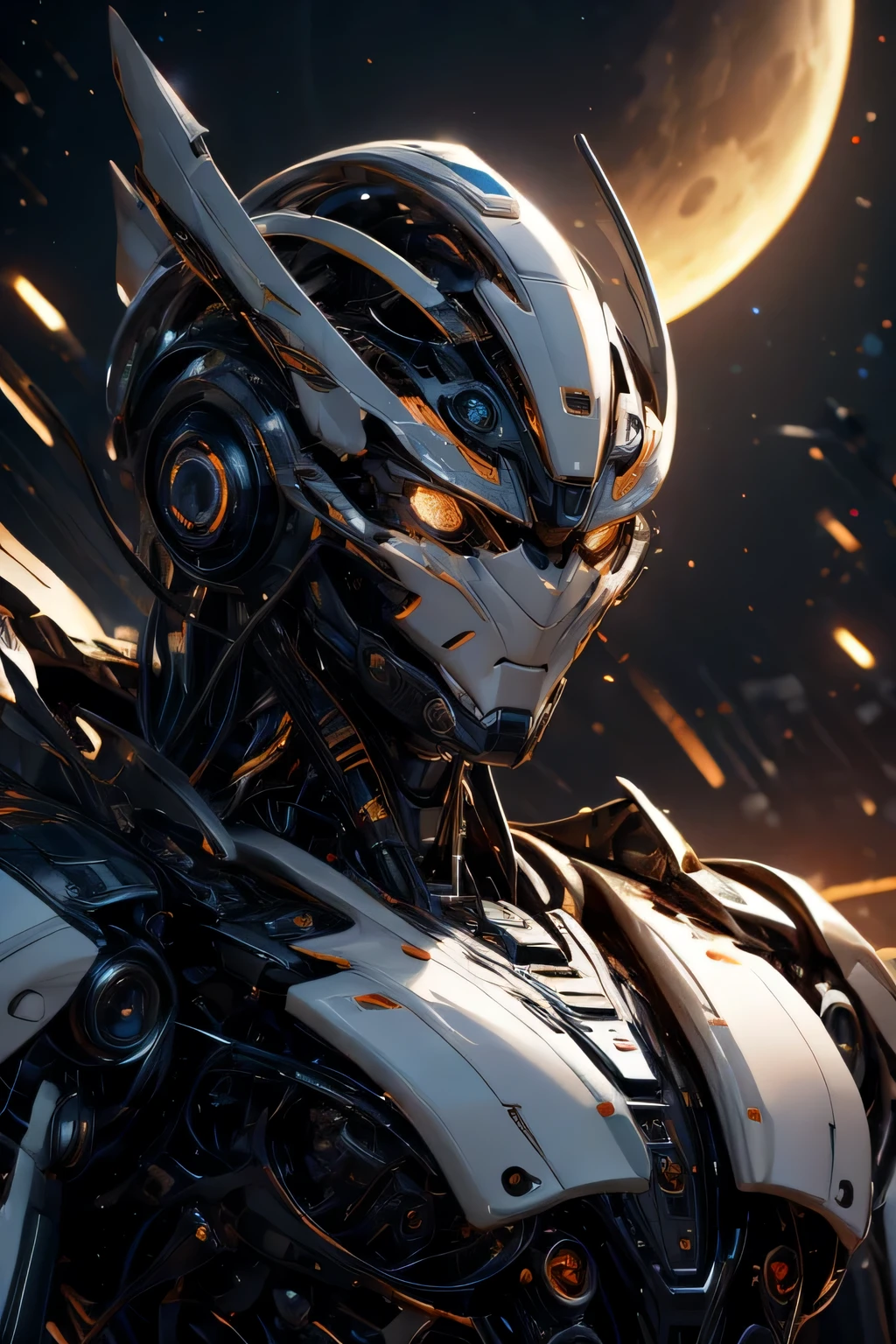 CG Mecha、beautiful eyes、Upper body、Mechanic Armor、Portrait、robot、white orange armor、neon、8K、born、Highest image quality、muste piece、ultra high resolution、colorful、(Medium-wide)、(Dynamic Perspective)、sharp focus、(Depth of bounds written)、highly detailed eyes and face、beautiful detailed eyes、Black gold、trimming gear:1.2)、((muste piece、Highest image quality))、detailed background、Inside the spacecraft、gray hair、Luminescent、full moon、gtx4090、stand up、matrix、dark fantasy,Crescent Moon、abyss、perfect form