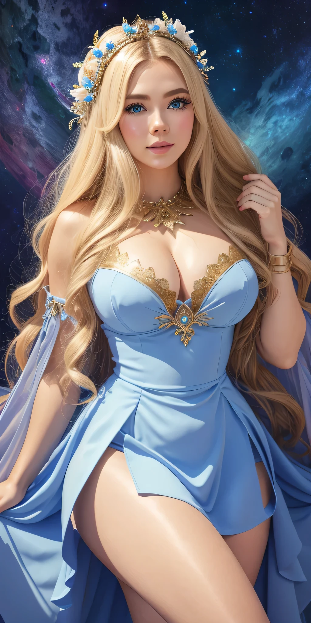 more realistic women、blonde beauty、Belarusian model、highest quality、Lots of details、Light blueのドレスを着た女性が写真撮影、astral witch costume、Fantasy costume、Live-action girls、beautiful heavenly magician、Bandeau dress inspired by cold plums、popular in。 cgstation、goddess of heaven、April rendering、Light blue、Top light for dreamy medium portraits、Light blueの肌、Amoranth、fantasy dress、Full body close-up、big breasts、cleavage、mini skirt、beautiful feet、sexy and attractive legs、sexy legs、beautiful feetフォーカス