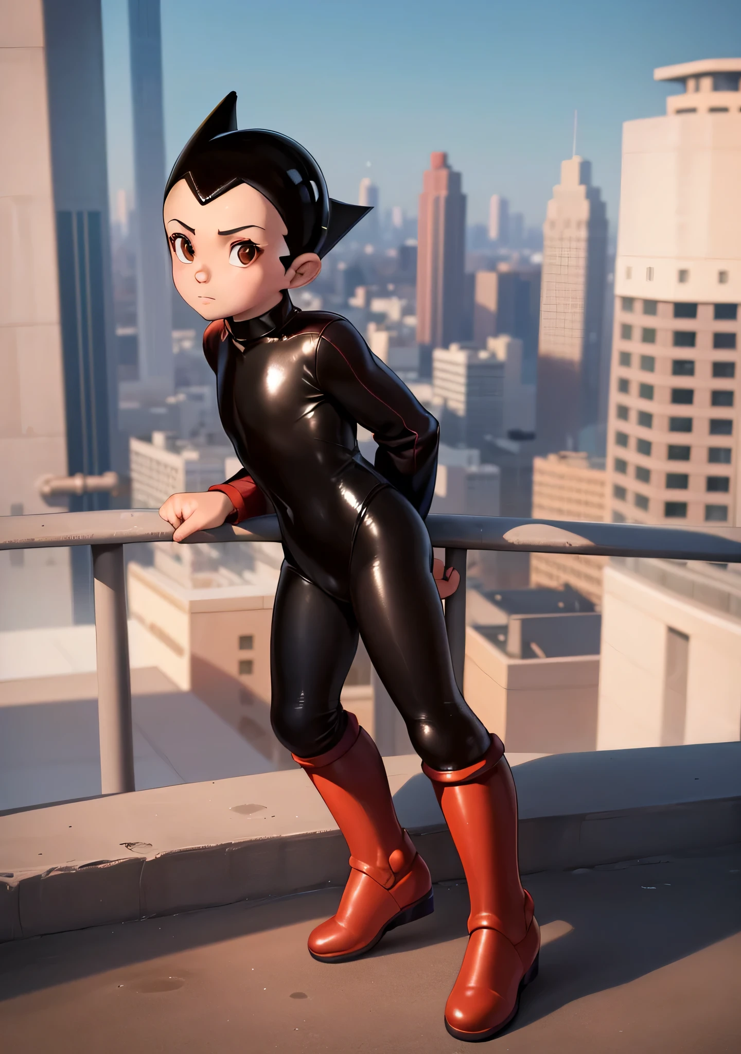 ((best quality)), ((masterpiece)), (detailed), safe, solo, 1boy, perfect face, full body image of Astro Boy, leaning against a railing, looking out at the city, brown eyes, wearing a shiny black catsuit and red boots