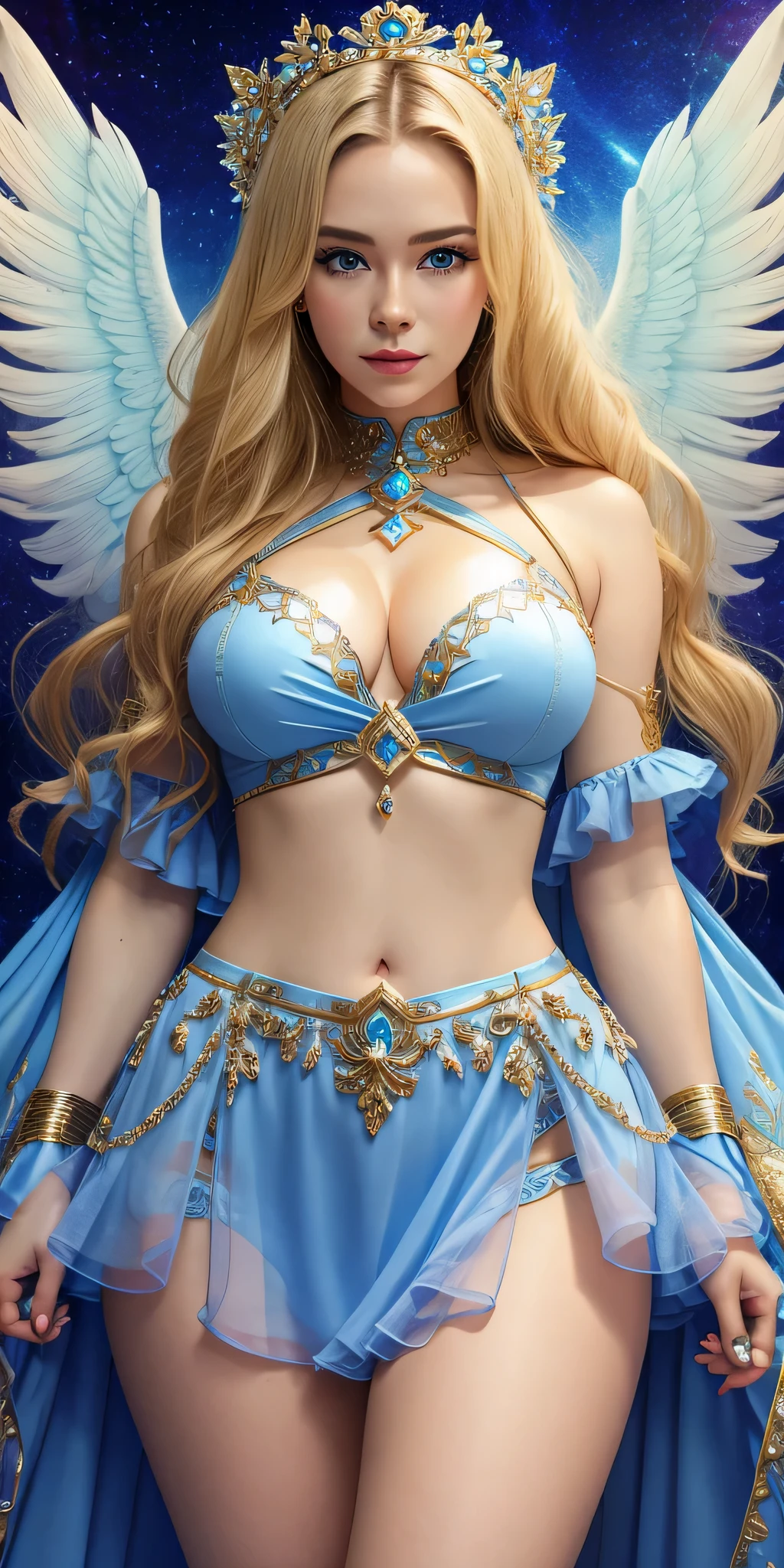 more realistic women、blonde beauty、Belarusian model、highest quality、Lots of details、Light blueのドレスを着た女性が写真撮影、astral witch costume、Fantasy costume、Live-action girls、beautiful heavenly magician、Bandeau dress inspired by cold plums、popular in。 cgstation、goddess of heaven、April rendering、Light blue、Top light for dreamy medium portraits、Light blueの肌、Amoranth、fantasy dress、Full body close-up、big breasts、cleavage、mini skirt、beautiful feet、sexy and attractive legs、sexy legs、beautiful feetフォーカス