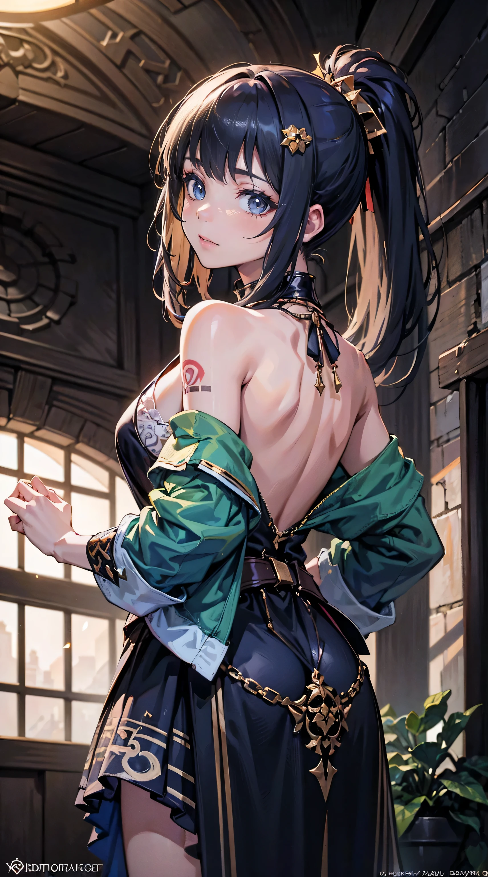 (masterpiece, top quality, best quality, official art, beautiful and aesthetic:1.2),1girl, tattoo, solo, japanese clothes, hair ornament, unsheathing, black hair, sheath, back tattoo, blue eyes, off shoulder, bare shoulders, looking back, from behind, flower, looking at viewer, holding, makeup, indoor, god rays, sparkle, glowing light, ((masterpiece)), ((best quality)), UHD, award winning, unreal engine 5, vaporware, shaded flat illustration, digital art, trending on artstation, highly detailed, fine detail, intricate