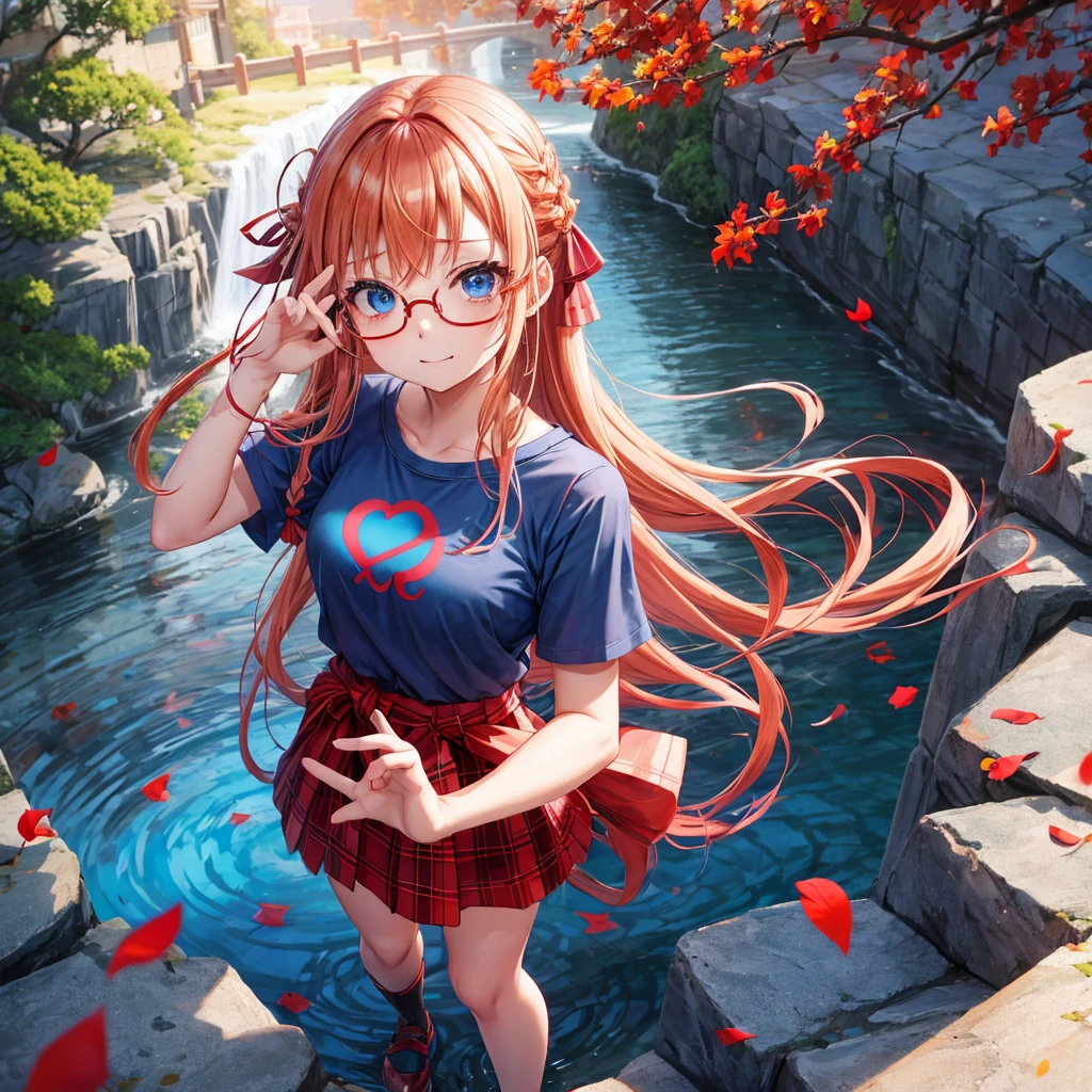 Red-blonde、blue hair、blue eyes、Braid、one good looking girl、solo、anime、Plaid miniskirt、camisole、black t-shirt、Tilting your face、Doing the ribbon、Ribbon at waist、sunset sky、stone stairs、petal、tunnel、Fallen leaves、wearing glasses、waterfall、paper airplane、pushing a pink bicycle
