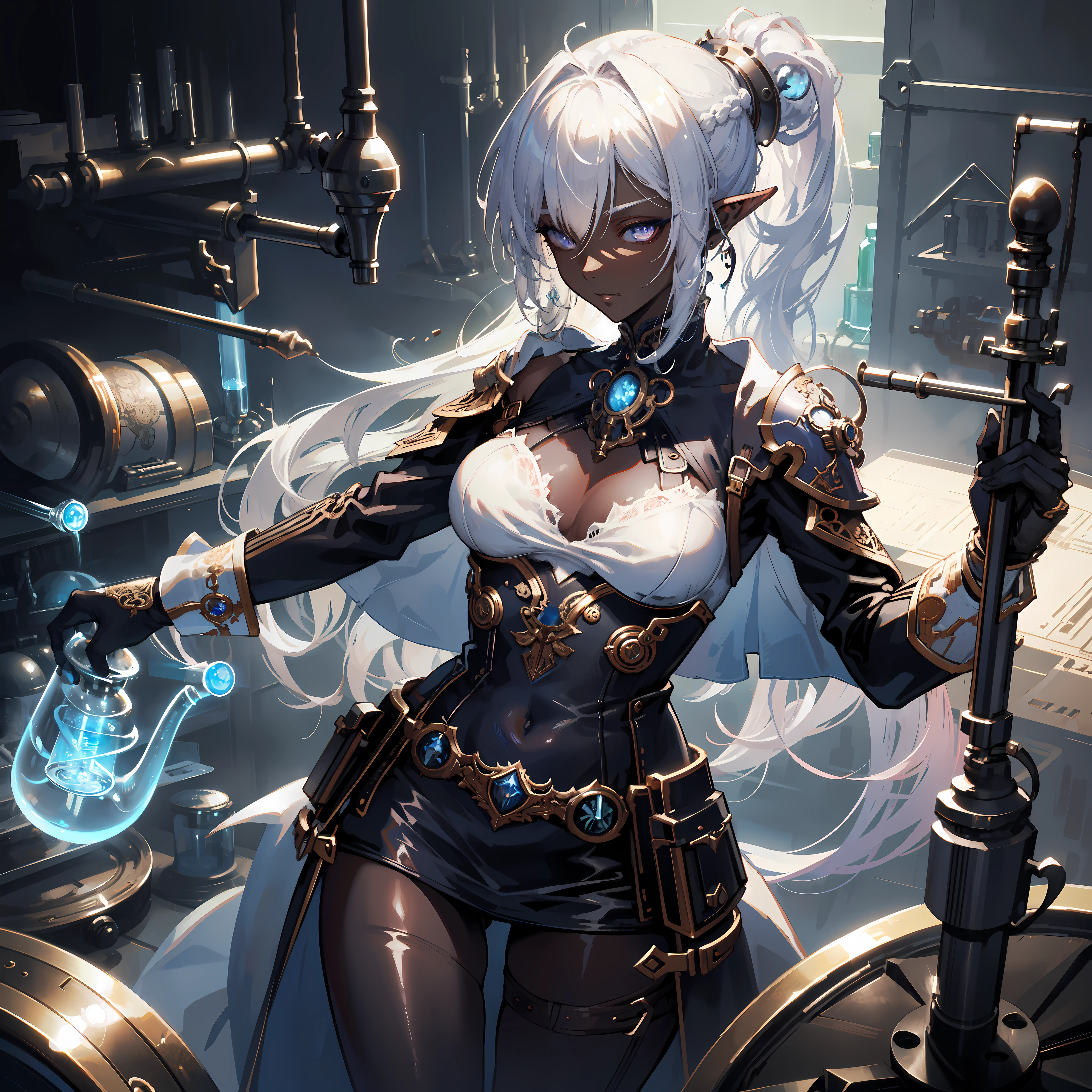 ((masterpiece )), (top quality), (best quality), ((ultra-detailed, 8k quality)), Aesthetics, Cinematic lighting, (detailed line art), Beautiful digital artwork, Exquisite digital illustration, absurdres, (best composition),
BREAK,
a female dark elf who is a scientist, (scientist clothes:1.2), (white jacket lab, Coat:1.2), glasses, (steampunk style:1.1), (holding of shimmering blue sea crystals), (background of scientific laboratory, laboratory, filled with tubes, bottles, and equipment), SteamPunkAI, CogPunkAI, cell shading, cinematic dramatic atmosphere, high quality cell shaded illustration in Fantasy steampunk style by Yoji Shinkawa, detailed and intricate environment, artstation, concept art, fluid and sharp focus, dynamic angle, by ((Mikimoto Haruhiko)),
BREAK,
highly detailed of (dark elf), (1girl), perfect face, details eye, parted, sidelock, hairbun,blonde white hair, violet eyes, eyelashes, eyeshadow, pink eyeshadow, smile, design art by Mikimoto Haruhiko, by Kawacy, By Yoshitaka Amano,
BREAK,
((perfect anatomy)), nice body, medium breast, (extremely detailed finger), best hands, perfect face, beautiful face, beautiful eyes, perfect eyes, (perfect fingers), correct anatomy, (Dark skin:1.2)