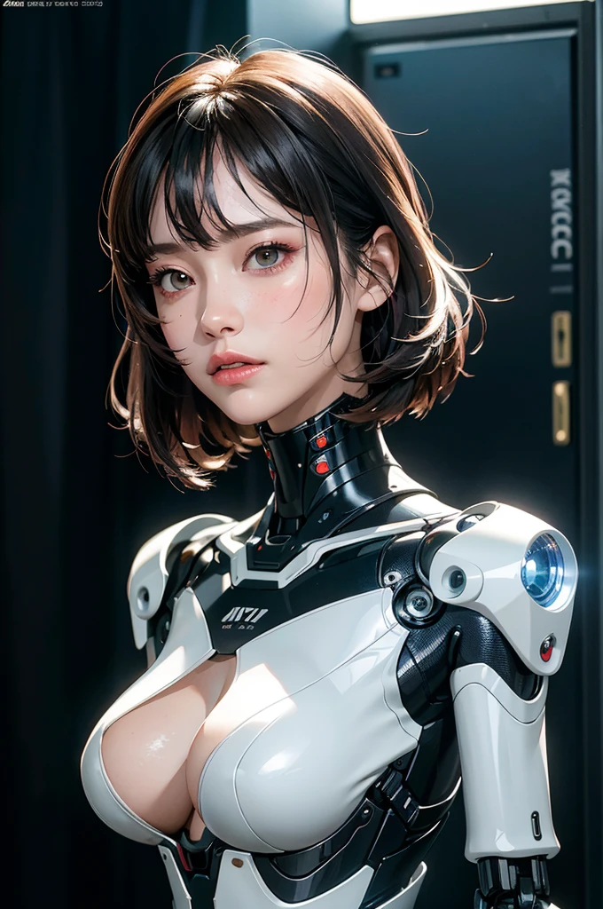 Complex 3D rendering of ultra-detailed porcelain female robot, 1 girl, (natural skin texture, actual eye details:1.2), robot parts, beautiful soft light, rim light, Vibrant details, Luxury Cyberpunk, hyperactual, anatomical, face muscles, Cable wire, microchip, elegant, beautiful background, octane rendering, apple style, 8k, best quality, masterpiece, illustration, extremely delicate and beautiful, CG, Unite, wallpaper, (actual, photo-actual:1.2), Astonishing, fine details, masterpiece, best quality, official art, extremely detailed CG Unite 8k wallpaper, Extremely ridiculous, sexy, Mechanical skeleton, Android, Surrealism, Doomsday wasteland, (high-tech prosthetics:1.2), Fluffy black short hair, Perfect body, Navy blue glowing cyber ship