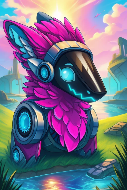 best quality, highres, ultra-detailed, realistic, female protogen, mysterious, clockwork protogen parts, odd, weird, (blue eyes), (white fur), short, POV, looking at camera, (outside), green grass, (scrap metal rocks), (pink water), colored water, soft sunlight, vibrant colors, (rusty gears), (mechanical limbs), surreal atmosphere, guardian, protector, (gears), visible mechanics,