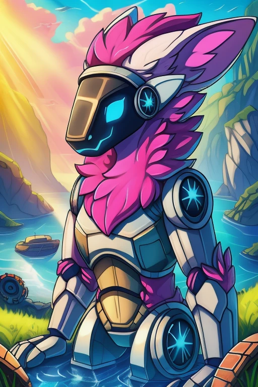 best quality, highres, ultra-detailed, realistic, female protogen, mysterious, clockwork protogen parts, odd, weird, (blue eyes), (white fur), short, POV, looking at camera, (outside), green grass, (scrap metal rocks), (pink water), colored water, soft sunlight, vibrant colors, (rusty gears), (mechanical limbs), surreal atmosphere, guardian, protector, (gears), visible mechanics,