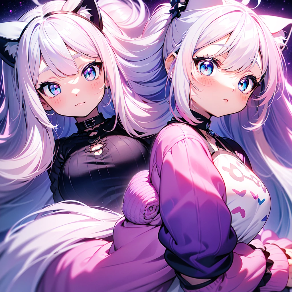 Masterpiece, best quality, emoji pack,emoji sheet, goth bangs, ((blue eyes)), blush,breasts, large breasts, looking at viewer, long hair, (pink,blue,purple,white hair:1.4), black choker, galaxy, goth, cat ears, upper body, virtual youtuber, cat girl,