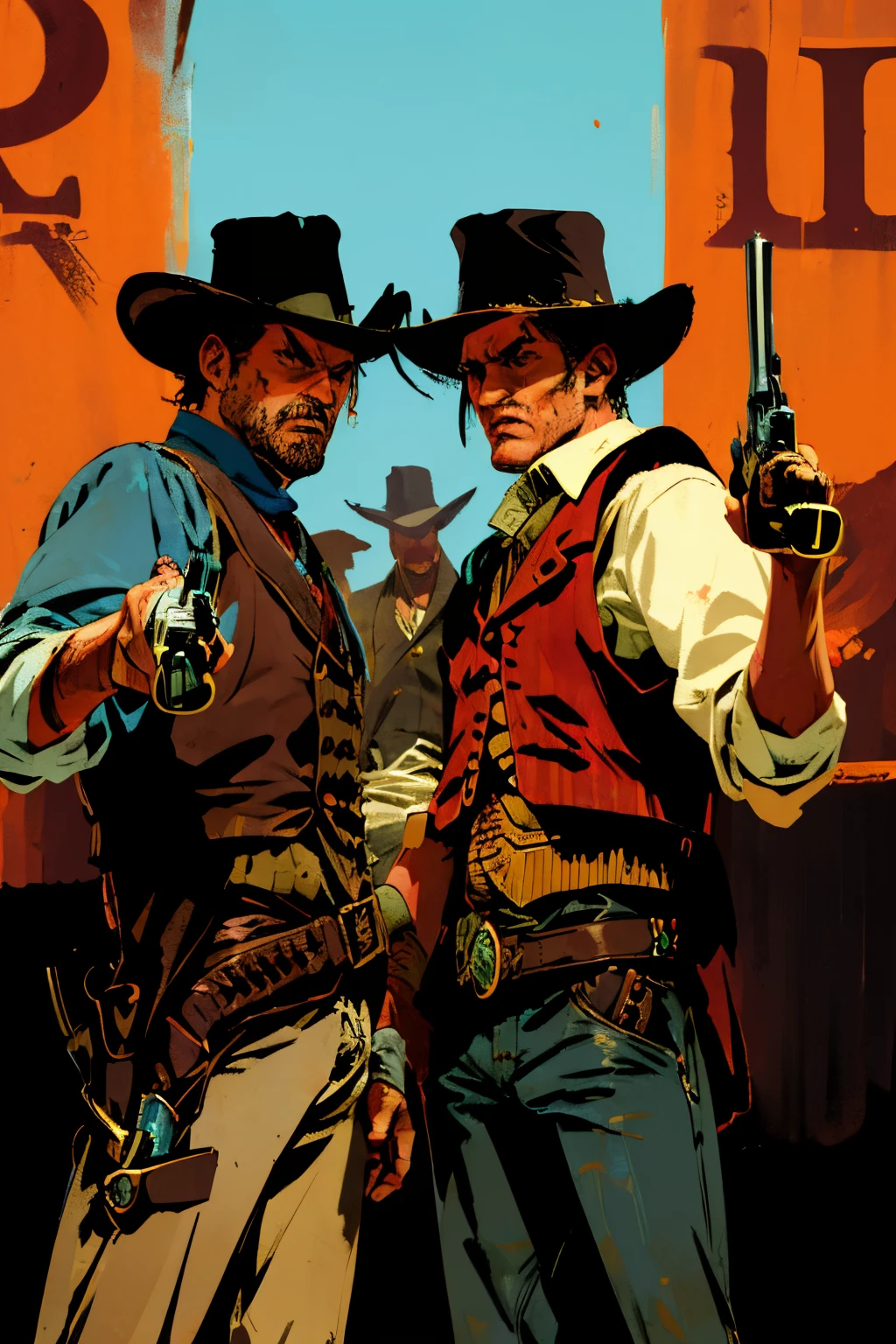 wild west duel, The Two are brothers, Ones wearing a brown vest and blue shirt his hat has a hole in it it is old and worn, the other looks like a farmer , They both have gunbelts, They are drawing revolvers from their holster, western, going for their revolvers, looking at each other standing opposite, fighting with each other