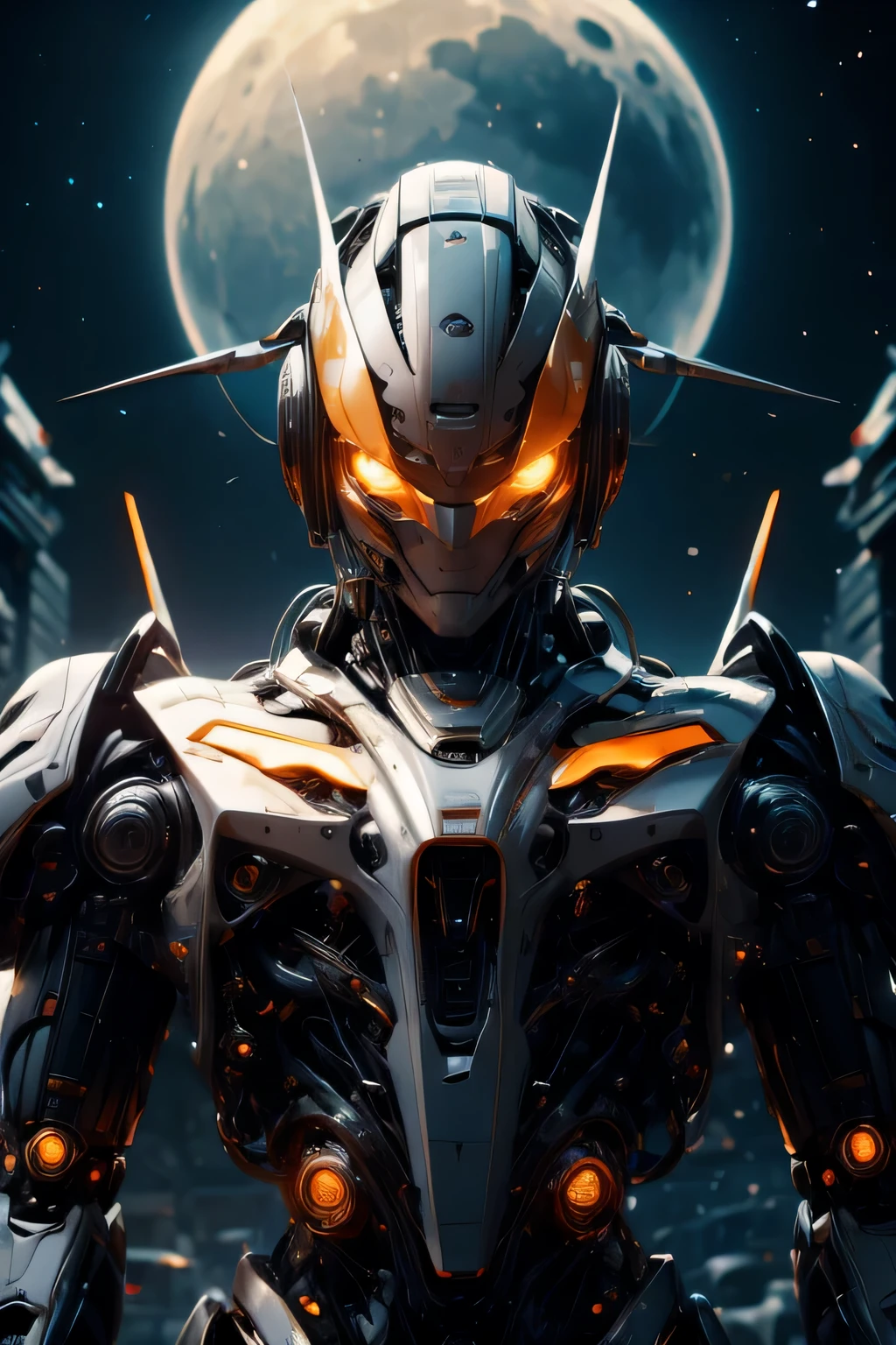 CG Mecha、beautiful eyes、Upper body、Mechanic Armor、Portrait、robot、white orange armor、neon、8K、born、Highest image quality、muste piece、ultra high resolution、colorful、(Medium-wide)、(Dynamic Perspective)、sharp focus、(Depth of bounds written)、highly detailed eyes and face、beautiful detailed eyes、Black gold、trimming gear:1.2)、((muste piece、Highest image quality))、detailed background、Inside the spacecraft、gray hair、Luminescent、full moon、gtx4090、stand up、matrix、dark fantasy,Crescent Moon、abyss、perfect form