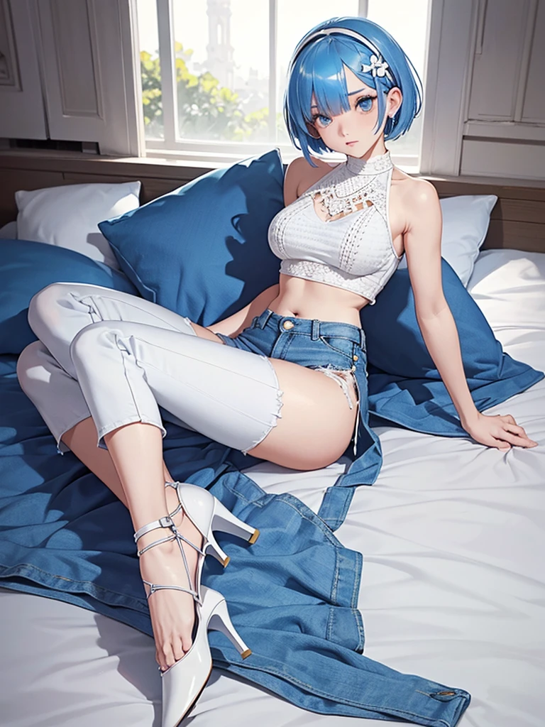 rem,re zero,blue hair, short bob hair, masterpiece, best quality, ultra-detailed, realistic, 
 (white theme),(white crochet
knit crop top),(halter neck)
((sleeveless, bare shoulders, bare
arms)),
(white pumps with heels).
 (denim palazzo pants),
(ankle),
