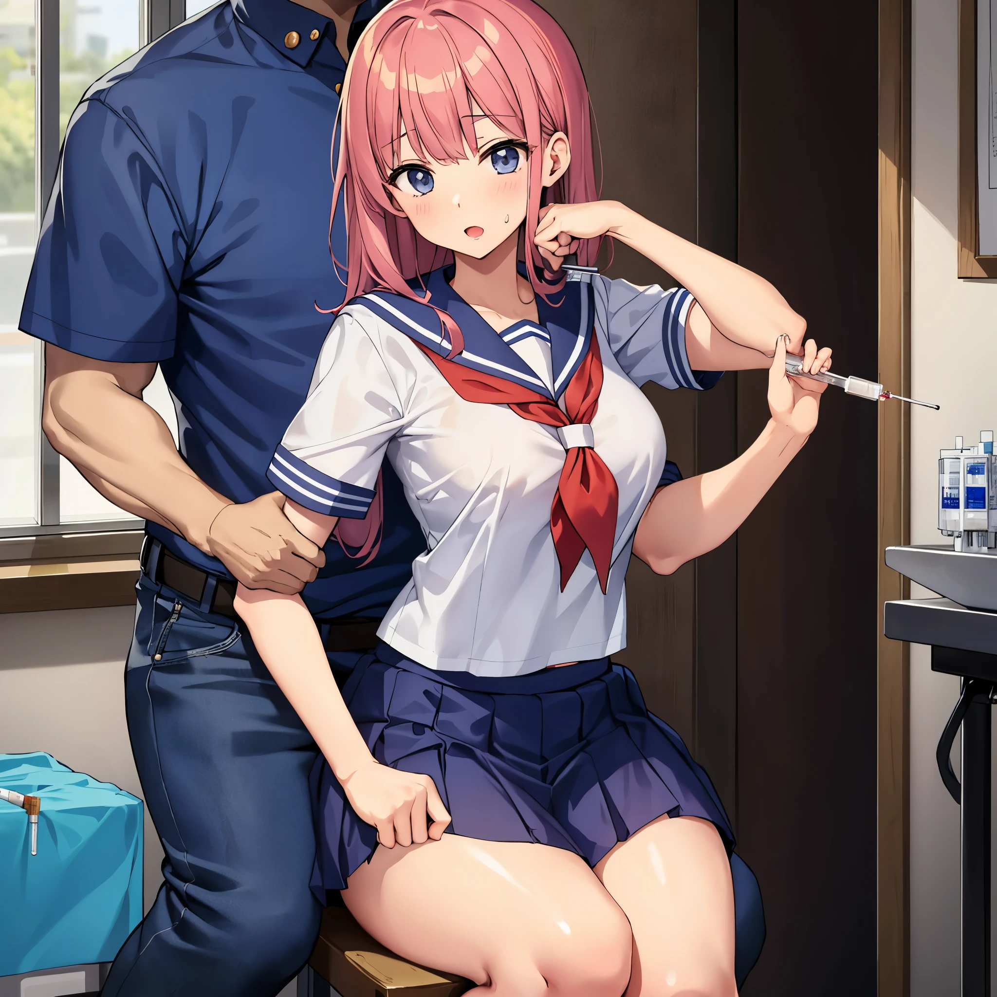 Nsfw,(((1girl,1boy,fellatio))),table top, highest quality, High resolution, 超High resolution, Depth of the bounds written,red eyes, redhead, bob hair, School_uniform, green beret, pink_red bow tie, green_Jacket, mini skirt , Are standing, School