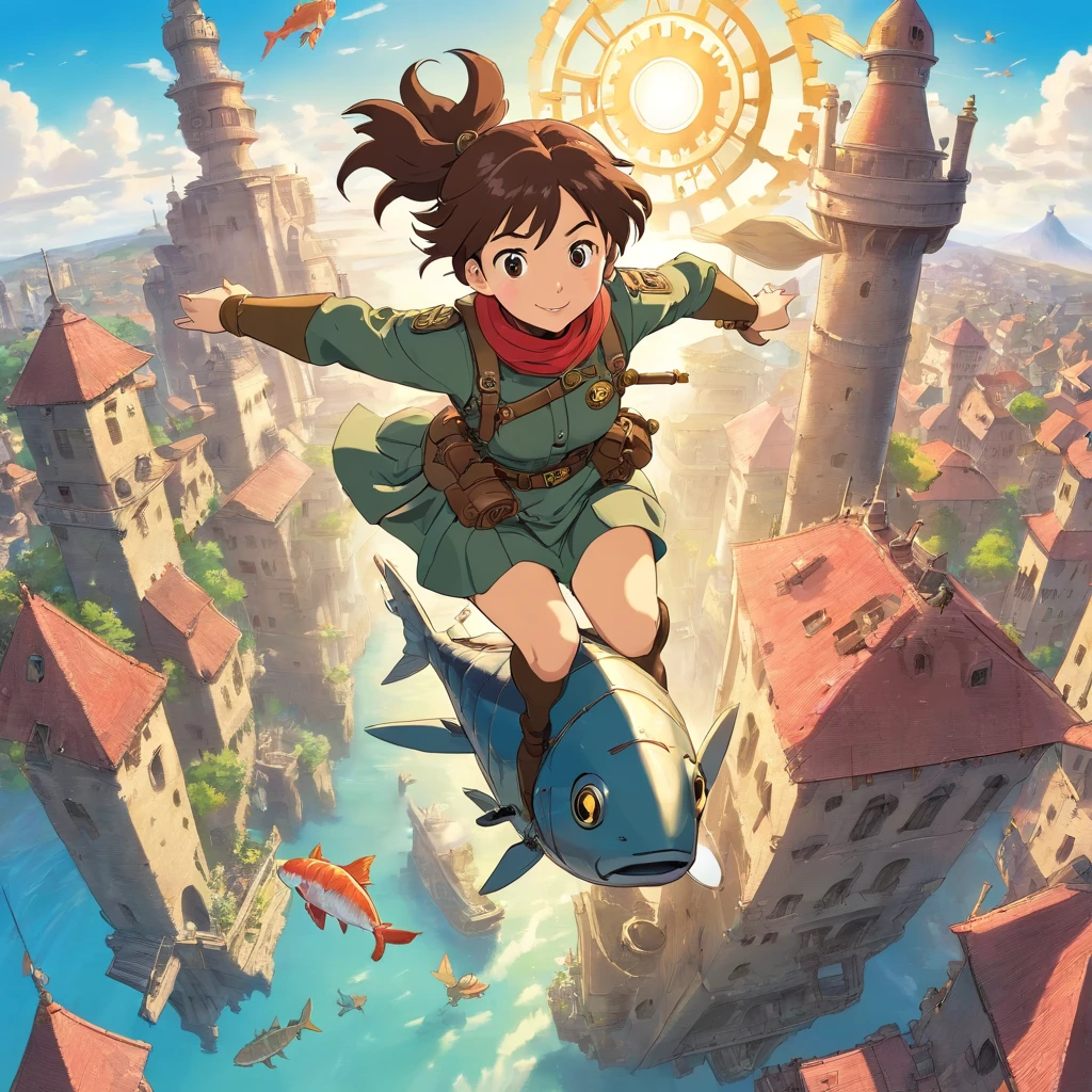 from above, Female soldier riding a flying machine, steampunk, Fish, Big gears, Running, running, high-speed movement, dynamism, medieval cityscape, Large ruins, cloud, Sun 8K Style low