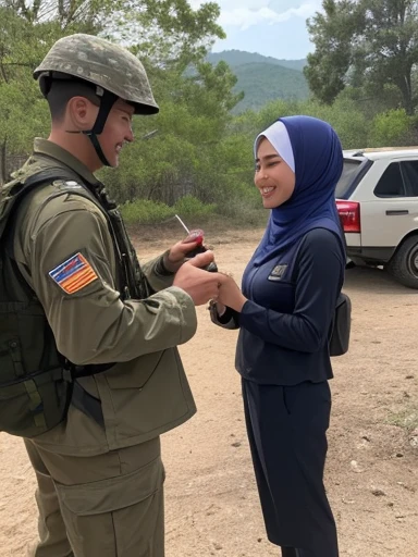 (8K, top-quality, masterpiece: 1.2), (reallistic, Photorealistic: 1.2),
A soldier wearing a hijab, Malay woman, tenderly holding a pepper, brought by her dear parents,
A heartwarming family moment, smiles exchanged between the soldier and her parents, meet and greet in the Army base camp.