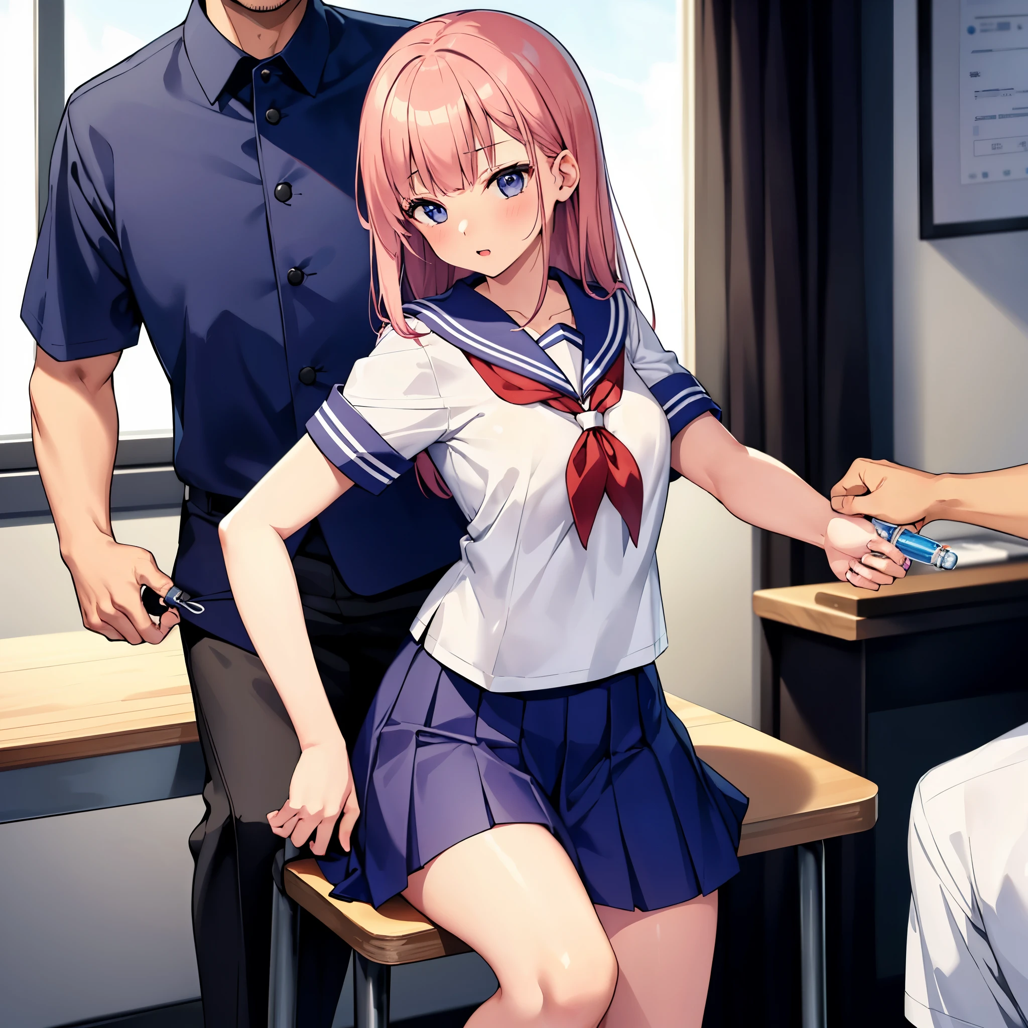 High school girl in a sailor suit receiving vaccination、A man grabs your arm and takes a syringe and stabs it into your upper arm.