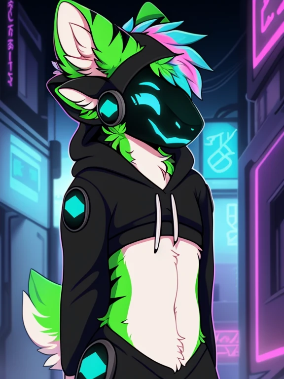 hioshiru, protogen, femboy, girly, blue eyes, white fur, green fur with stripes, wearing a hoodie, in a cyberpunk city, solo, horns, long blue emo hairstyle on head, multicolored hair