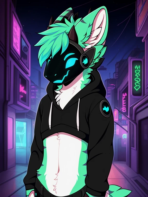 hioshiru, protogen, femboy, girly, blue eyes, white fur, green fur with stripes, wearing a hoodie, in a cyberpunk city, solo, horns,  long blue emo hairstyle on head, multicolored hair