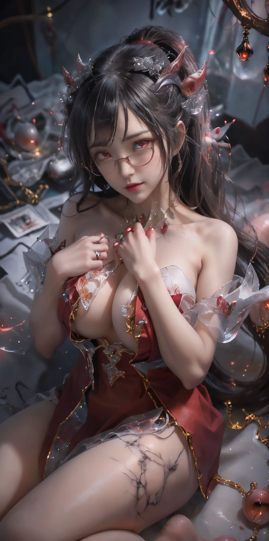 Fine、(The best illustrations)、8k UHD resolution、intricate-detail、top-quality、realisitic、ultra-detailliert、The best lighting、Best Shadows、Soft lighting、Ulutra HD、Dungeon and Dragon、caves、Dungeon、 A Necromancer、natta、Dark style、Succubus、Devil's Daughter、Bat Wings,(((Demon Hornlack-rimmed round glasses))))、(((Colossal tits)))、(Devil's Tail)、(red eyes glowing:1.6)、masterpiece、beautiful countenance、Tindall Effect、photos realistic、(High Detail Skins:1.2)、8KUHD、Digital SLR、hightquality、a picture、hight resolution、 absurderes、Ponytail distortion、best ratio four finger and one thumb、1人、hair adornments、Red sparkling gemstone necklace、jewely、Beautiful expression、Body Up、Large breasts emphasis、Toned waist、Wide buttocks、Tindall Effect、Photorealsitic、(High Detail Skins:1.2)、pink nipple, pink pussy