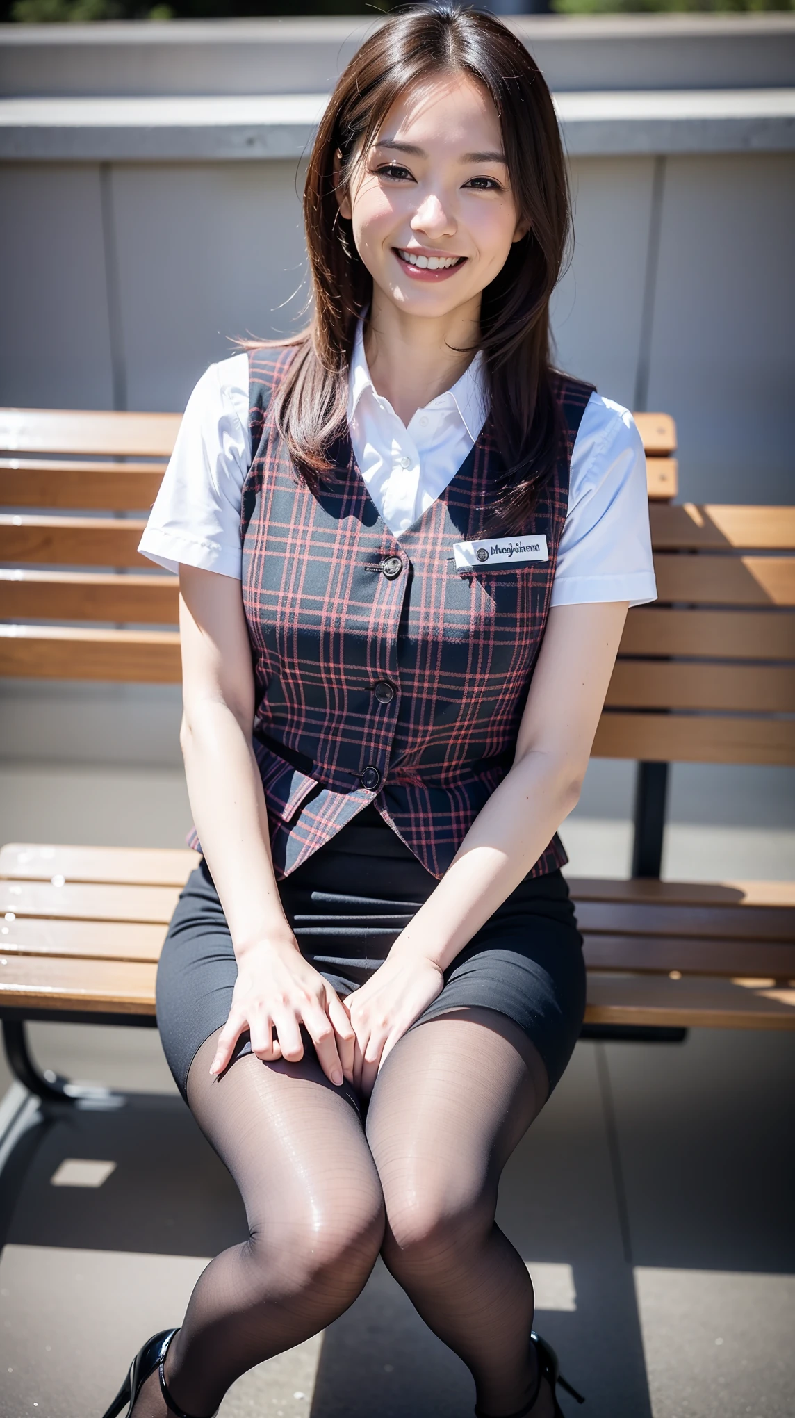 Ulchan-6500-v1.1, (RAW photo:1.2), (Photoreal), (genuine:1.4), １girl、perfect anatomy、48 years old、look at the camera、medium long hair、plaid vest、((sitting on the bench:1.3))、(super realistic pantyhose:1.2), (high heels)、(Business service)、(very affectionate smile:1.2)、