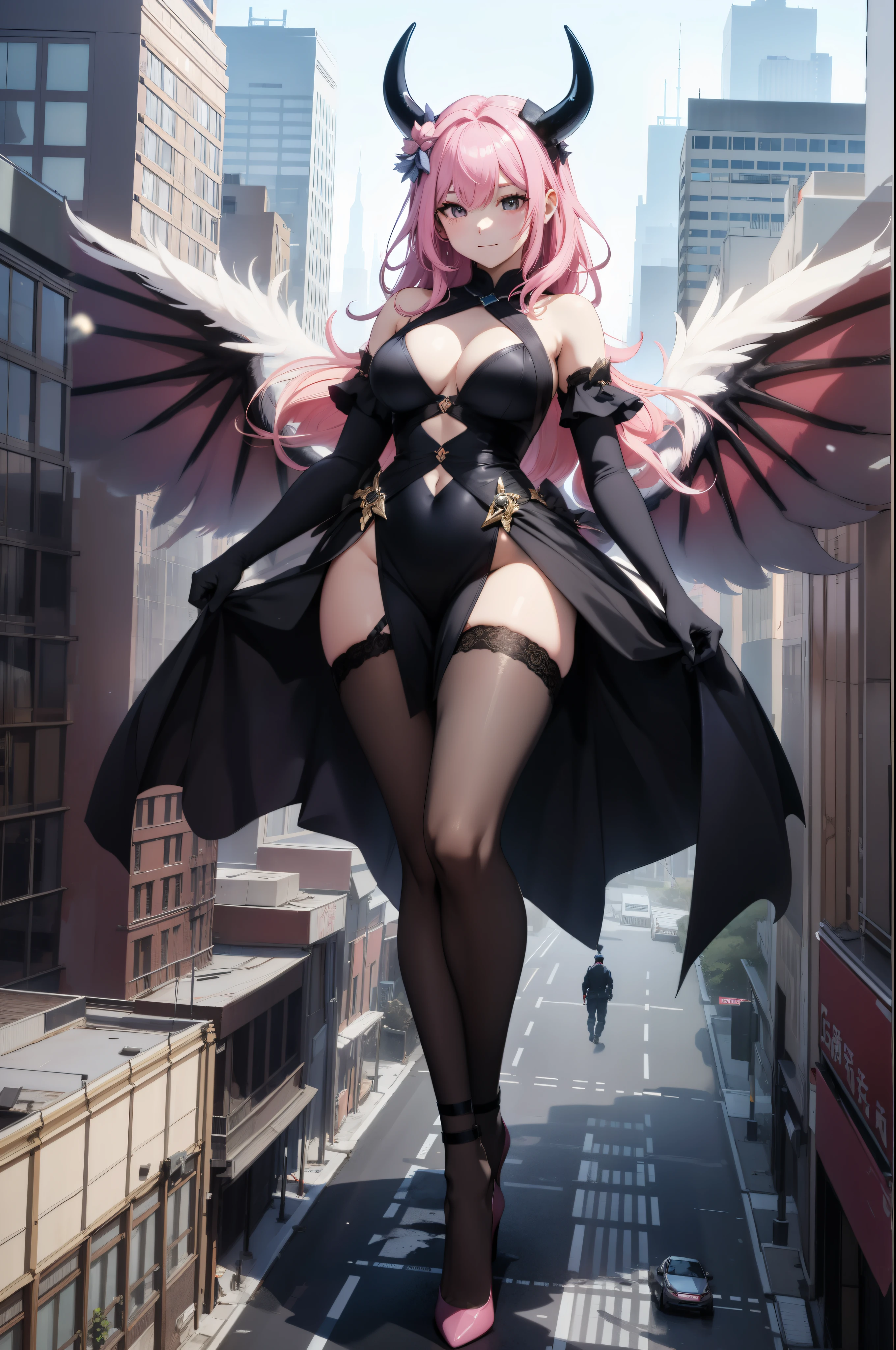 Aerial View，giant girl 50,000 feet high，Weight 1000kg，Have a pair of long legs，Has a pair of huge pink angel wings，With huge devil horns on his head，Has waist-length pink hair，loose hair，Pink wavy hair，Wearing a pair of pink Mary Jane high heels，Pink lace gloves，Pink lace pantyhose，粉色蕾丝whole body，Standing tall above the small town，Beautiful appearance，Exquisite makeup，quality，8k，高quality，Perfect proportion, Cinema lighting，film grain，Fuji colors，8k，textured skin，Super details，high detail，high resolution，fake smile，blood stains，脚底有blood stains，whole body，fat，feather