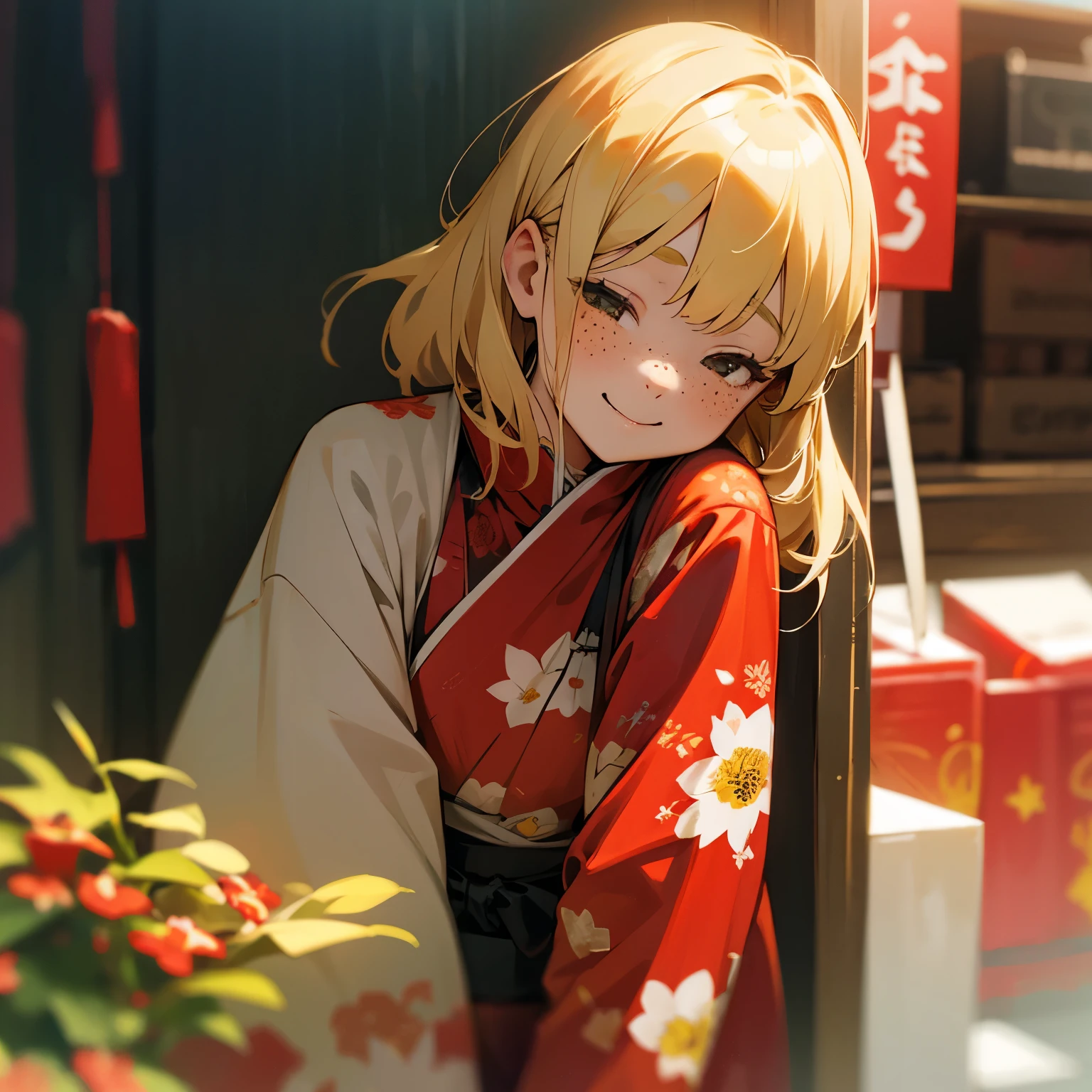 blonde、Bad eyes、Yukata with red floral pattern、shy smile、Bad girl、freckles、festival、Store、whole body