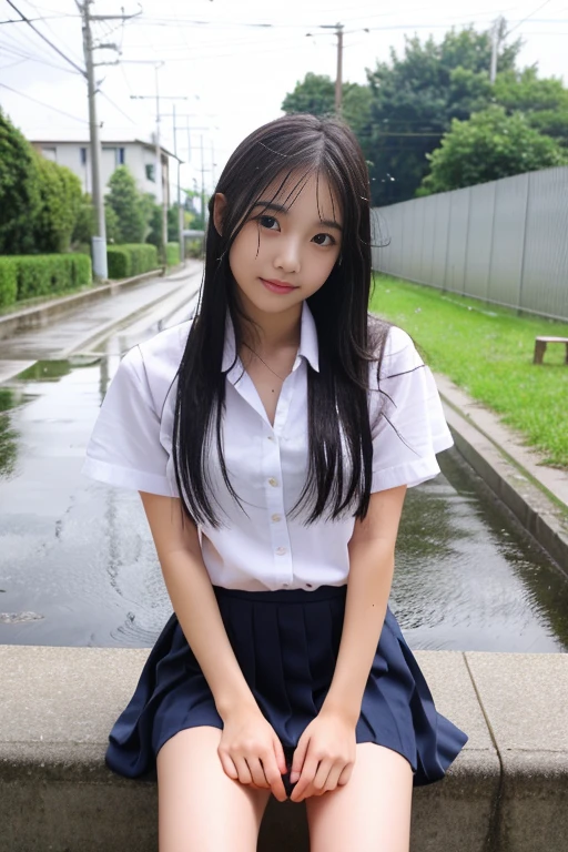 the Extremely Detailed CG Unity 8K Wallpapers、top-quality、ultra-detailliert、masterpiece、realisitic、Photo Real、extremely detailed cute girl、18year old、(High school student in Japan uniform)、red blush、cparted lips、looking at the viewers、Semi-body shot、(Scenery of the rainy season)、(Japan high school uniform and designated shoes)、(short plaid skirt:1.5)、(Short sleeve white shirt for students)、 (neck tie:1.2)、(light brown random hair)、(beauitful face:1.3)、(perfectly proportions:1.2)、(Long feet:1.2)、(small tits:1.3)、(Textured skin)、Looks Back、over the shoulder view、focused shot、((Blouse wet from rain、The brusher can see through))、(The bra on the back shows through)、smirk grin、(((wetting hair、wetted skin)))、((The upper part of the body))、Angle from above、((Sheer))