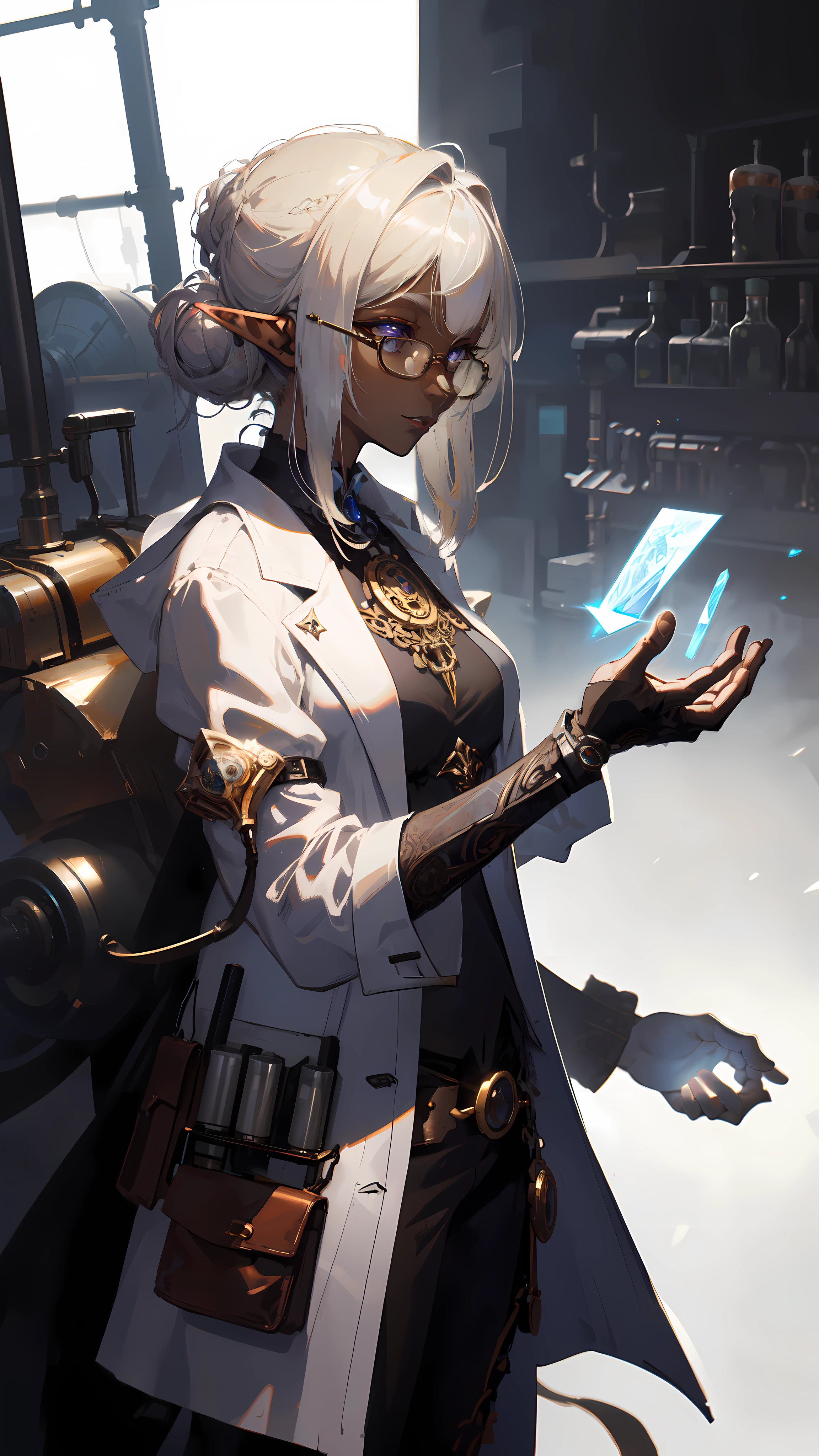 ((masterpiece )), (top quality), (best quality), ((ultra-detailed, 8k quality)), Aesthetics, Cinematic lighting, (detailed line art), Beautiful digital artwork, Exquisite digital illustration, absurdres, (best composition),
BREAK,
a female dark elf who is a scientist, (scientist clothes:1.2), (white jacket lab, Coat:1.2), glasses, (steampunk style:1.1), (holding of shimmering blue sea crystals), (background of scientific laboratory, laboratory, filled with tubes, bottles, and equipment), SteamPunkAI, CogPunkAI, cell shading, cinematic dramatic atmosphere, high quality cell shaded illustration in Fantasy steampunk style by Yoji Shinkawa, detailed and intricate environment, artstation, concept art, fluid and sharp focus, dynamic angle, by ((Mikimoto Haruhiko)),
BREAK,
highly detailed of (dark elf), (1girl), perfect face, details eye, parted, sidelock, hairbun, blonde white hair, violet eyes, eyelashes, eyeshadow, pink eyeshadow, smile, design art by Mikimoto Haruhiko, by Kawacy, By Yoshitaka Amano,
BREAK,
((perfect anatomy)), nice body, medium breast, (extremely detailed finger), best hands, perfect face, beautiful face, beautiful eyes, perfect eyes, (perfect fingers), correct anatomy, (Dark skin:1.2)