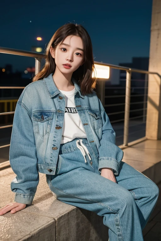(Dahyun&#39;s picture, Denim jacket, jogging pants, track pants, nighttime, neon), (Detailed light, ผิวที่มีรายVery detailed, ผมที่มีรายVery detailed, shadow, 8ก), look at viewer, (High-key lighting), Masterpiece, Highest quality, best quality, official art, unity 8ก wallpaper, height, Ultra high resolution, Very detailed, beautiful and beautiful