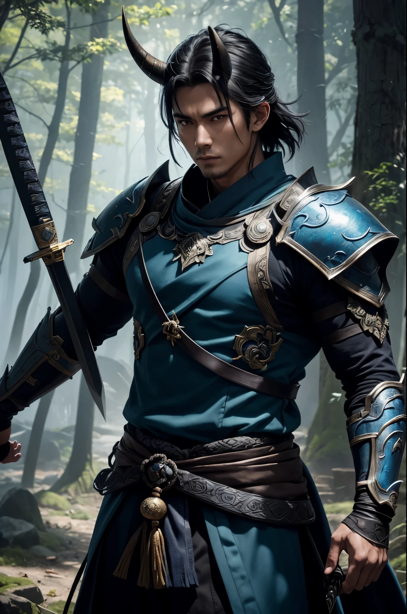 8K,young magical samurai,(Wearing a demon mask)、adult male,There are three horns on the head,solo、super handsome(like the real thing),blue realistic skin,Shining eyes,demon world swordsman costume,(Armed with a long and large sword)、magnificent artwork、((Kyoto panel painting style))、Wind effect:1.9、cloud effect:1.2、Blue and black armor,Full Rendering、Caustic soda coating、unreal engine、Glaring at the viewer,fantasy art,character art,ultra high resolution,Super realistic,blue nails,大きな牙がbornえている,Ruins in the forest,photorealistic,rich colors, Backlight, cinematic lighting, film grain, born, 50mm lens, Nikon D850,Blue skin,Male, 22 years old,