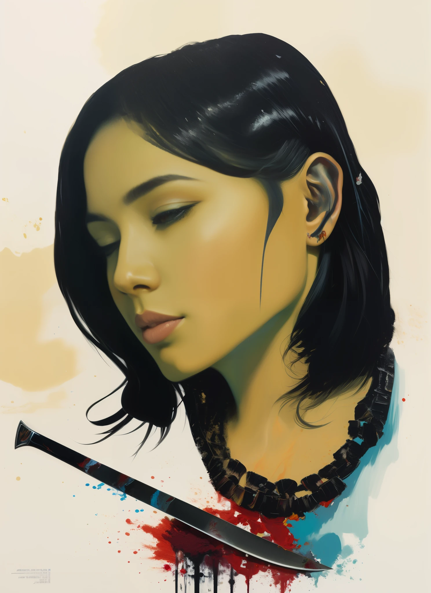 painting of a woman with a knife in her hand and blood on the ground, side profile painted portrait, josan gonzales, side - profile painted portrait, detailed portrait, josan gonzales!!!, artwork in the style of guweiz, ruan jia and joao ruas, detailed color portrait, inspired by Josan Gonzalez, side centered painted portrait, inspired by Liam Wong