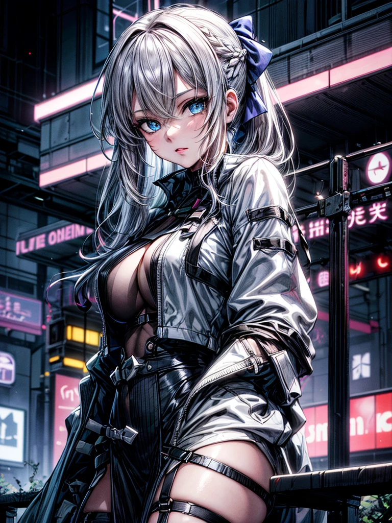(Enrich the picture,Masterpiece level quality)Beautiful 8K CG artwork,1girl,solo,morgan le fay (fate),detailed face, perfect face, perfect eyes,blue eyes,Long Hair, pony tail,Very long hair, big boob, black bow,Hair Bow, thighs,side locks, French braid, grey hair,Slim and soft,big breasts,outdoors, night, neon lights,cyber punk,