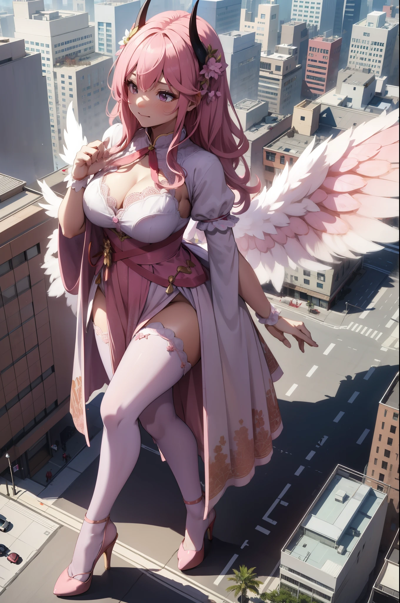 Aerial View，giant girl 50,000 feet high，Weight 1000kg，Have a pair of long legs，Has a pair of huge pink angel wings，With huge devil horns on his head，Has waist-length pink hair，loose hair，Pink wavy hair，Wearing a pair of pink Mary Jane high heels，Pink lace gloves，Pink lace pantyhose，粉色蕾丝whole body，Standing upright on a small city，Beautiful appearance，Exquisite makeup，quality，8k，高quality，Perfect proportion, Cinema lighting，film grain，Fuji colors，8k，textured skin，Super details，high detail，high resolution，fake smile，blood stains，脚底有blood stains，whole body，Obese，feather