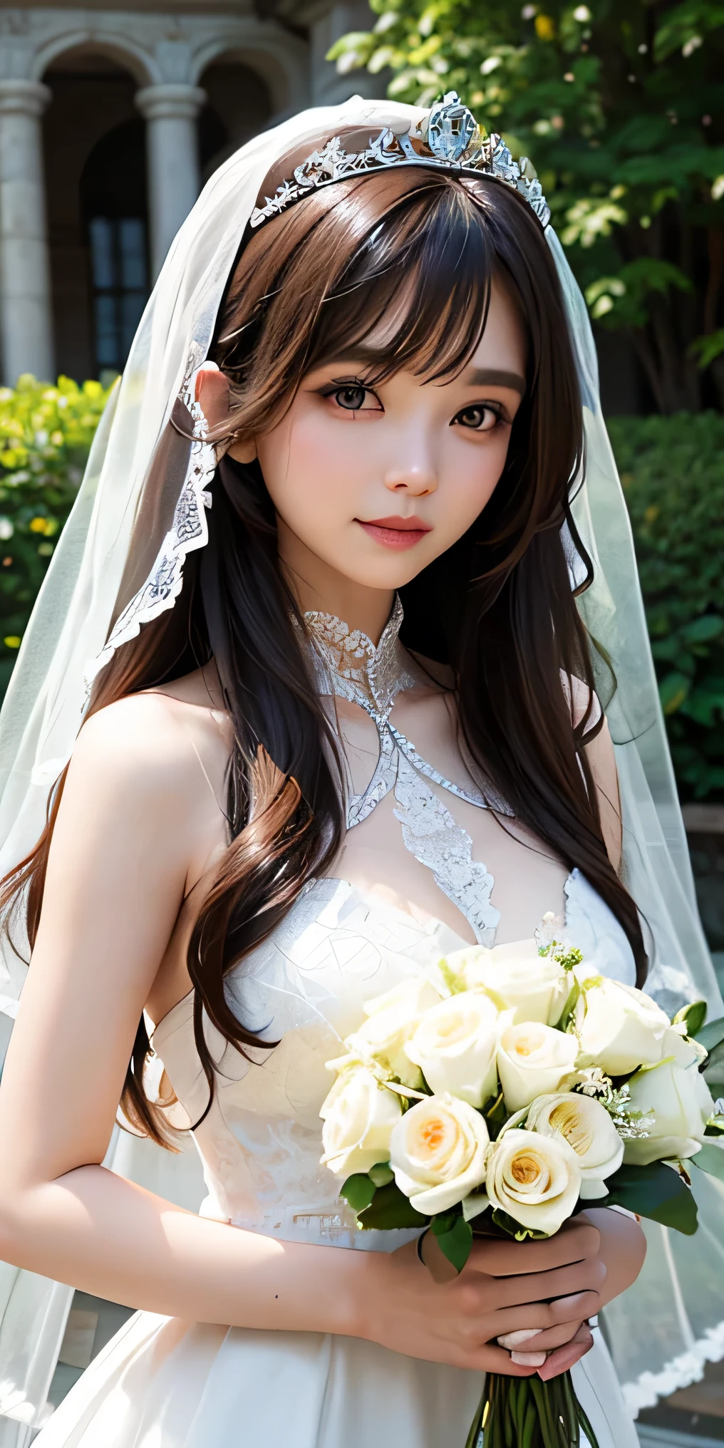 fantasy、long hair、chestnut hair、cute woman、white skin、white skin、Transparency、Garden Wedding、Rose、Wedding dress、all lace dress、veil、tiara、thin eyebrows、Rounded face、happiness、bouquet、big breasts、、the light is soft