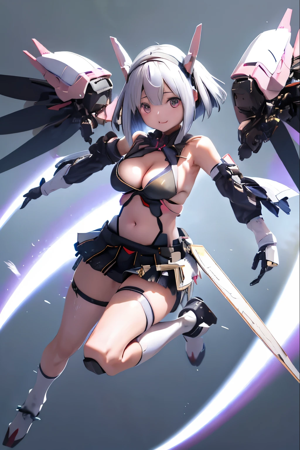 (highest quality)), ((masterpiece)), (very detailed: 1.3), 3D, {(japanese young girl)}, ((wears a futuristic Gundam mecha)),(Gundam), with headgear, with v-fin of gundam, ((unarmored cleavage)), ((unarmored stomach)), ((unarmored upper arms)), ((unarmored face)), (unarmored hands), (unarmored waist), ((unarmored thighs)), (unarmored ankles), japanese girl wear light blue and white striped pantie under armor, multilayer textureperfect proportions, octane rendering, duotone lighting, Low ISO, wide aperture, White balance, Rule of thirds, ultra HD16k, HDR (High Dynamic Range), Ray Tracing, NVIDIA RTX, Super Resolution, Subsurface Scattering, PBR Texturing, Post Processing, Anisotropic Filtering, Depth of Field, Maximum Clarity and Clarity, High efficiency subpixel, subpixel convolution, particles of light, light scattered, Tyndall effect, full body:1.5, battle pose, cute, (cute:1.2), (bob cut:1.3),三つ編み, 黒髪, 太い眉毛, 薄い色の虹彩, 大きくて輝いている黒い瞳, 長いまつげ, 小さく薄い色の自然な唇, (Average face of Japanese idols), (日本人特有の童顔:1.3), (baby face), 広いおでこ:1.2, ふっくらした頬, 小さな顎, open legs, spread feet, visible side boob, (mechanical wings), (巨大な武器を持っている:1.2), 特大の盾を持っている, (cyber punk city),looking at viewer,Focus on the eyes