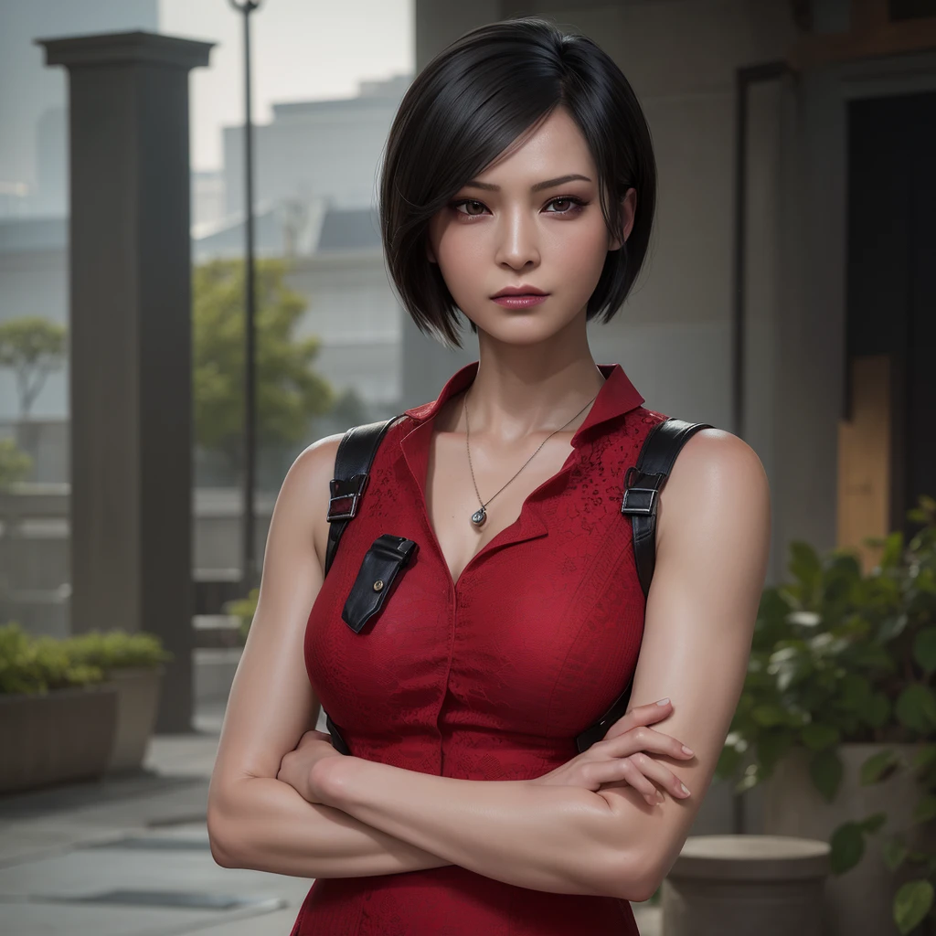 best quality,ultra-detailed,realistic:1.37,Ada Wong,perfectly symmetrical face,ultra-realistic texture,flawless body,detailed facial features,realistic lighting,serious expression