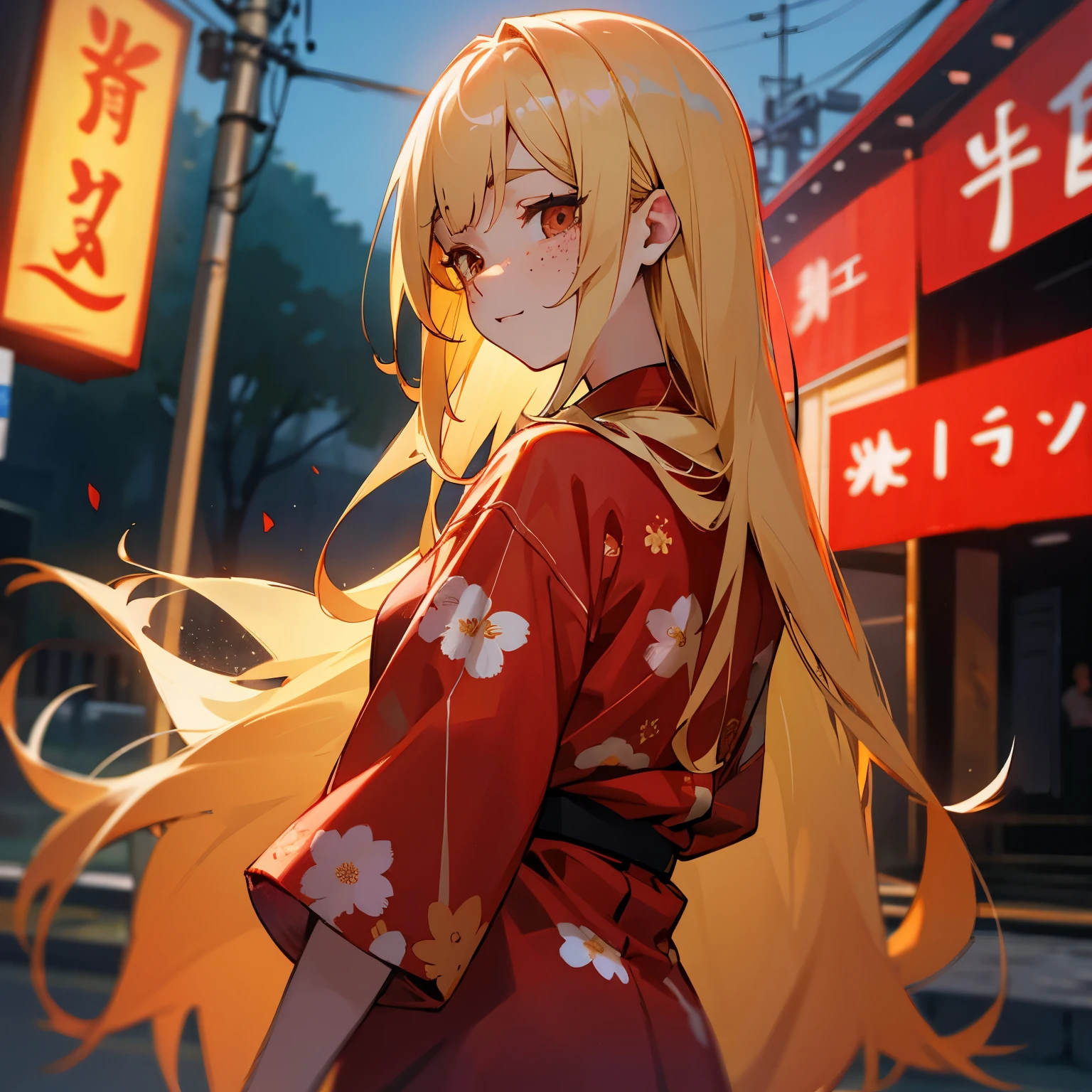 blonde、long hair、Bad eyes、Yukata with red floral pattern、look back、Bad girl、freckles、festival、Store、whole body