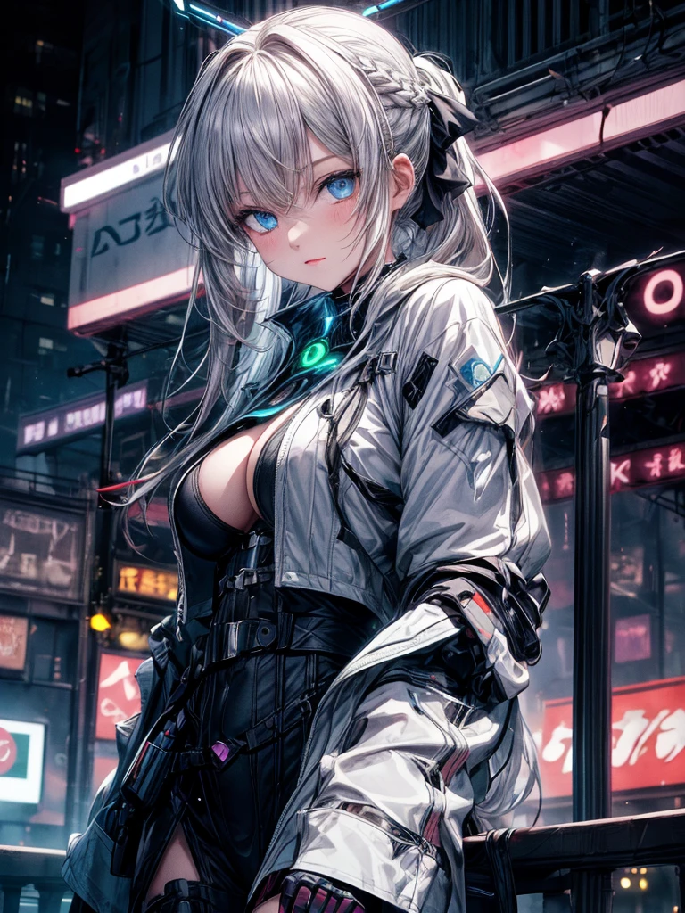(Enrich the picture,Masterpiece level quality)Beautiful 8K CG artwork,1girl,solo,morgan le fay (fate),detailed face, perfect face, perfect eyes,blue eyes,Long Hair, pony tail,Very long hair, big , black bow,Hair Bow, thighs,side locks, French braid, grey hair,Slim and soft,big doors, night, neon lights,cyber punk,