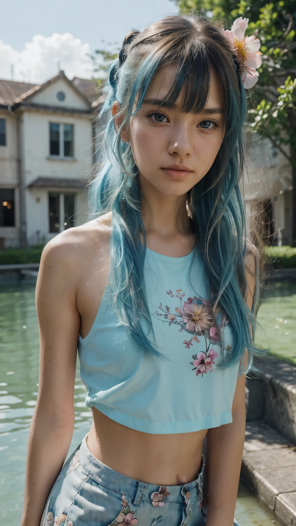 (masterpiece), (best quality), (ultra detailed),(disheveled hair),(illustration), (1girl), (Fashionable clothing), standing, Fashion model, looking at viewer, (interview), ( background),beautiful detailed eyes, delicate beautiful face, Floating,(high saturation),(colorful splashes),colorful bubble,(shining), focus on face,  ponytail, kamisato ayaka, light blue hair, bangs, hair ring, floating flowers, floating hairs, (shining), best lighting, best shadow
