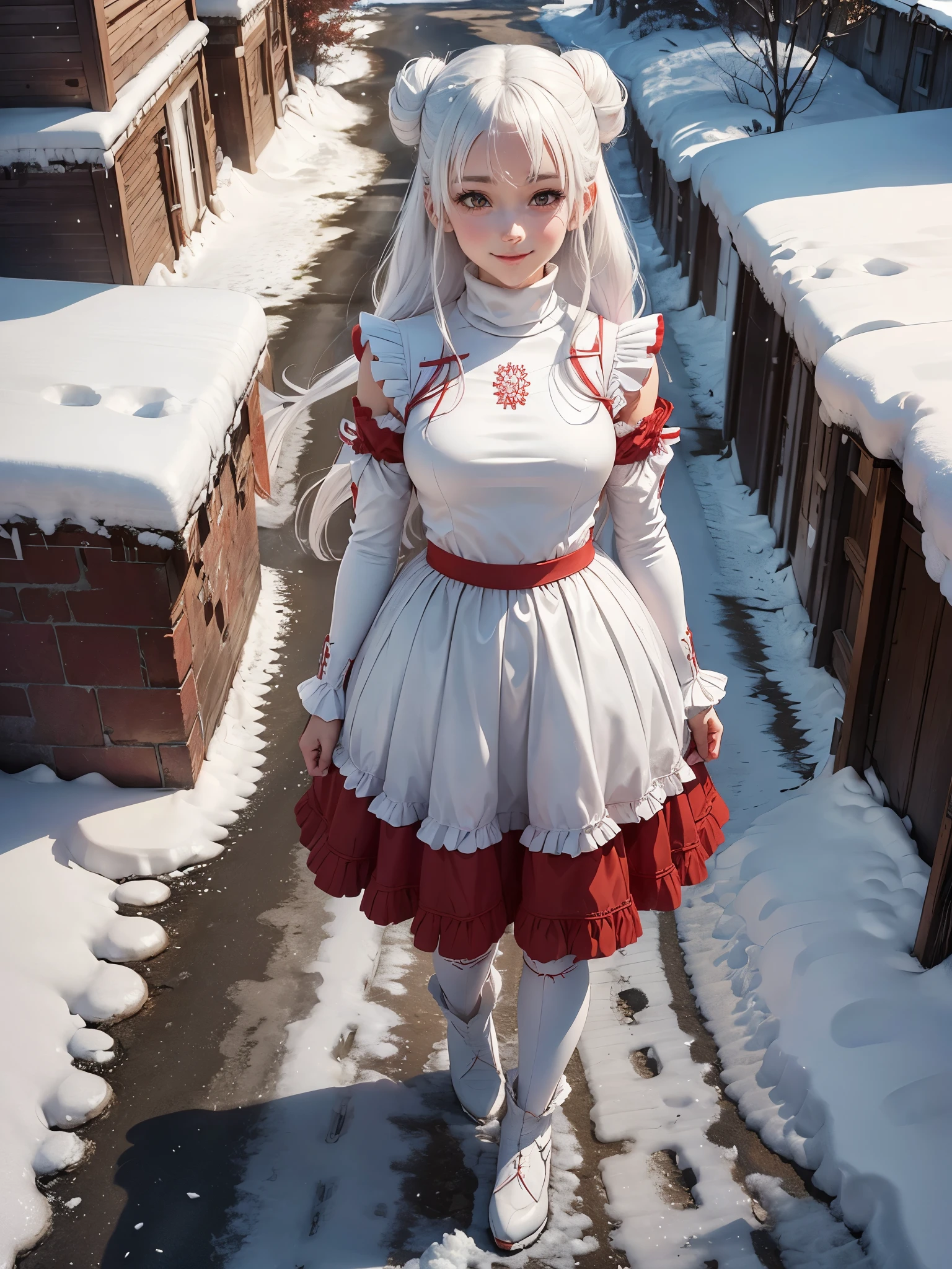 1 girl, young girl, white hairs, realistic anime girl, smiling, ((red frock, frilled skirt, arm sleeves, turtleneck, white stockings )), snow covered streets, snow fall, double hair buns,standing