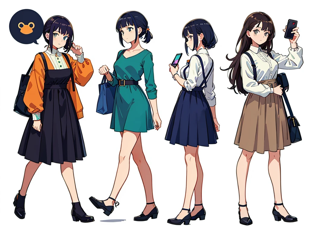 (((Best Quality))) , ((full body)), women, multiple views, white background, variety of hairstyles, variety of fashion styles, holding bag, walk pose, holding smart phone, looking at another, dark blue/dark orange/dark green/dark violet/brown/white,
