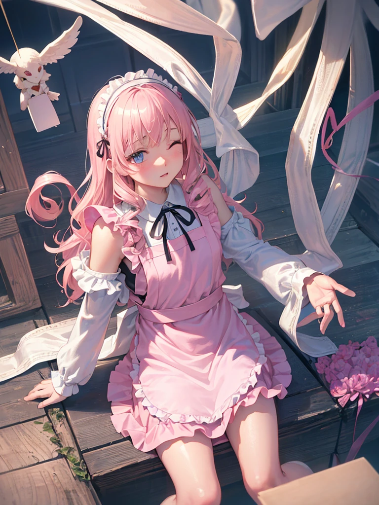 photo realistic, photo realistic, photo realistic, (masterpiece,best quality:1.4),(8k,raw photo,photo realistic:1.2),Not Safe for Work, detailed skin,detailed face,1girl,Japanese idol,cute face,
(((Pink apron dress))), pinafore, Mini skirt, White ruffle apron, happy, medium bob, sitting,, blonde hair, ((wavy hair)), Eyes are heart marks, Blue eyes, one eye closed, long hair, , 14 yo, ((sling)), aid headdress, flat chest, ((beautiful legs)), beautiful hands, neck ribbon, wristband, arm garter, corsage, frilled legwear, heart hands,
((close up to face, zoom in face)), ((face focus)), ((above shoulder)), (looking up to viewer), detailed background, perfect lighting, ((from just in front above)),pastel colour, sweets, candy, confection,
