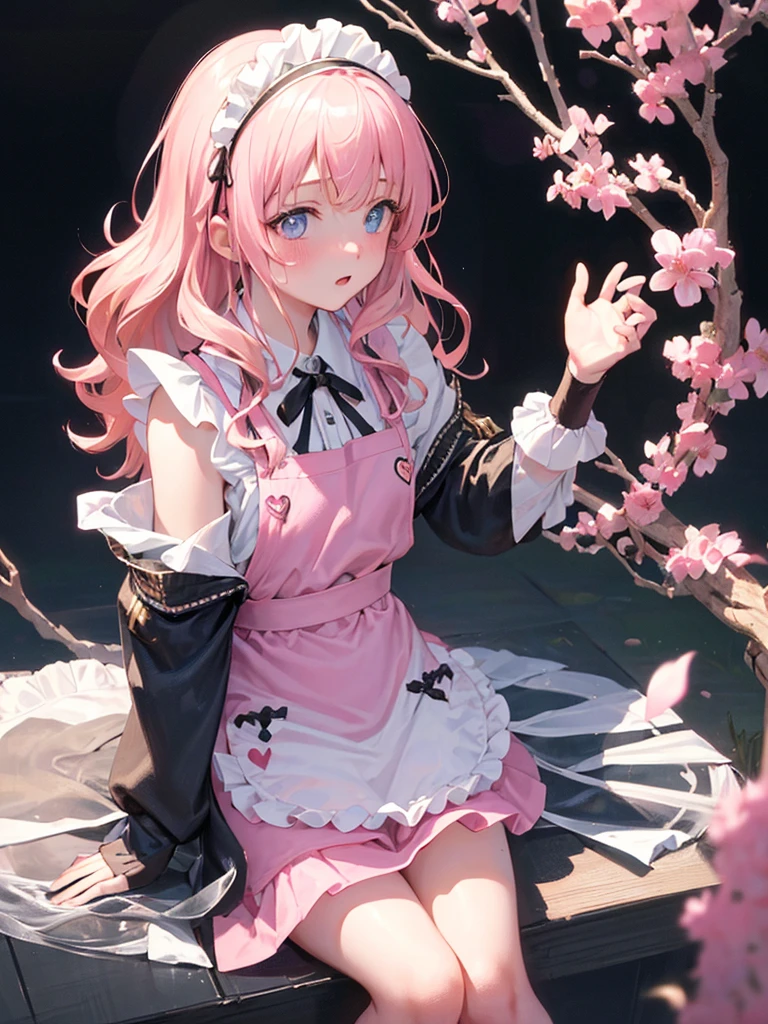 photo realistic, photo realistic, photo realistic, (masterpiece,best quality:1.4),(8k,raw photo,photo realistic:1.2),Not Safe for Work, detailed skin,detailed face,1girl,Japanese idol,cute face,
(((Pink apron dress))), pinafore, Mini skirt, White ruffle apron, happy, medium bob, sitting,, blonde hair, ((wavy hair)), Eyes are heart marks, Blue eyes, one eye closed, long hair, , 14 yo, ((sling)), aid headdress, flat chest, ((beautiful legs)), beautiful hands, neck ribbon, wristband, arm garter, corsage, frilled legwear, heart hands,
 ((close up to face, zoom in face)), ((face focus)), ((above shoulder)), (looking up to viewer), detailed background, perfect lighting, ((from just in front above)),pastel colour, sweets, candy, confection, 