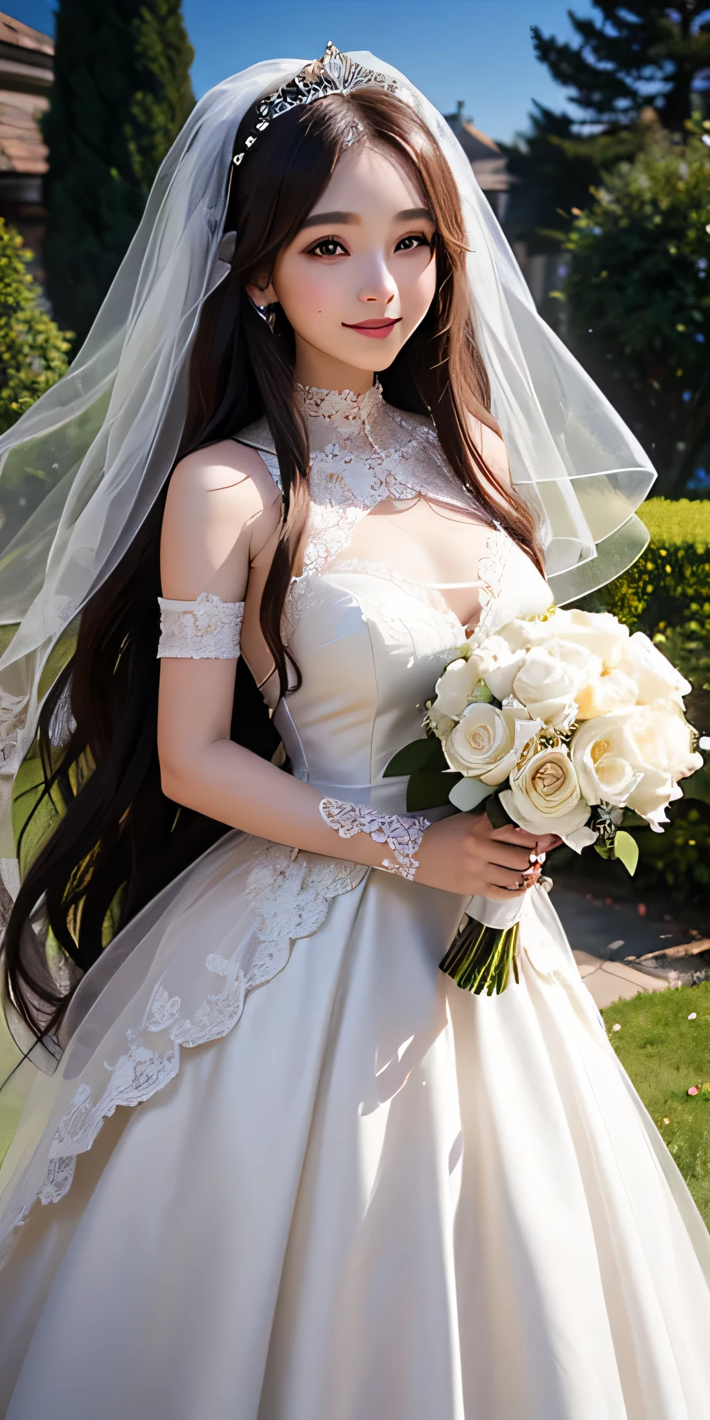 fantasy、long hair、brown hair、cute woman、white skin、white skin、Transparency、Garden Wedding、Rose、Wedding dress、all lace dress、veil、tiara、thin eyebrows、Rounded face、happiness、bouquet、big breasts、、the light is soft,smile